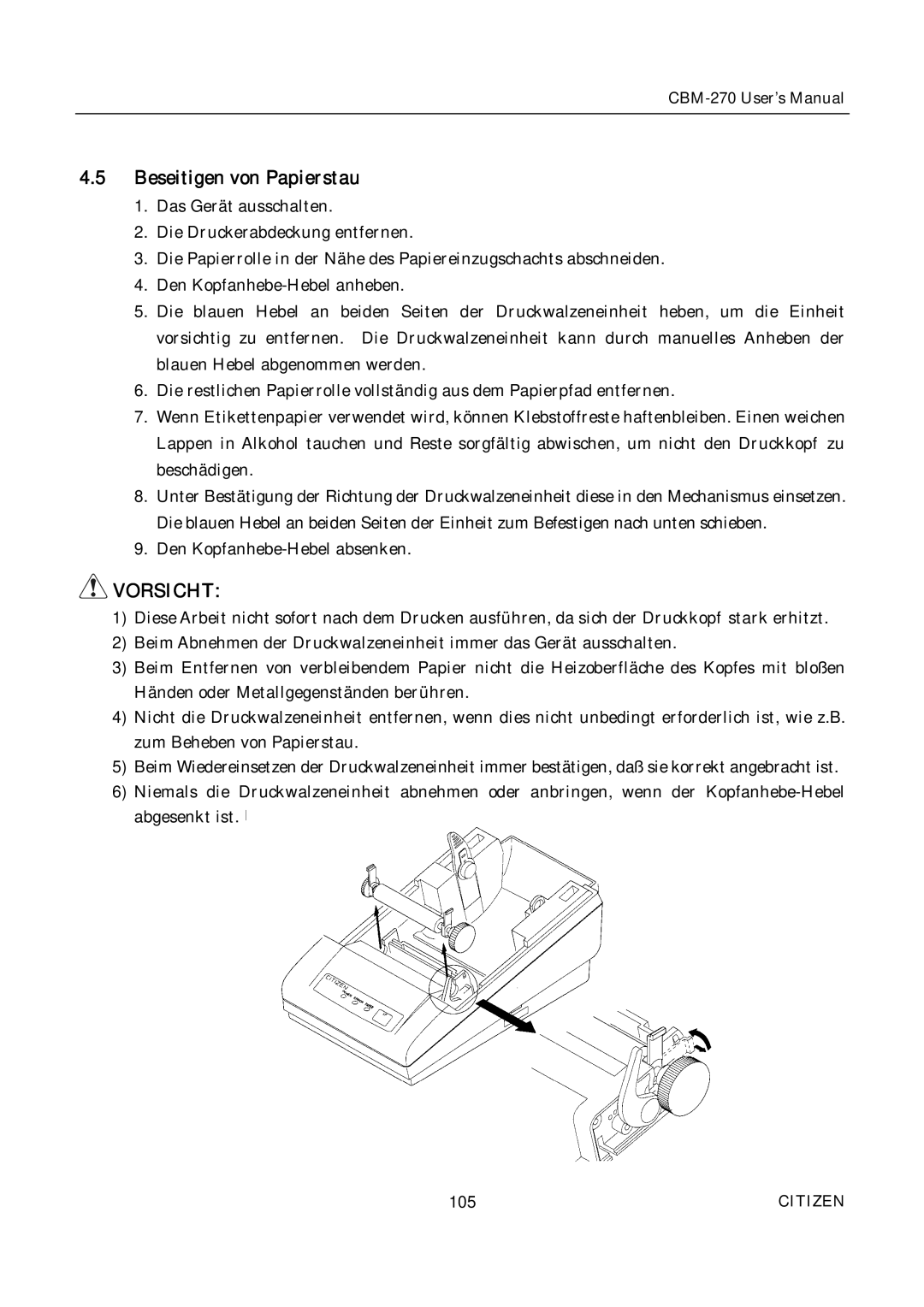 Citizen CBM-270 user manual Beseitigen von Papierstau 