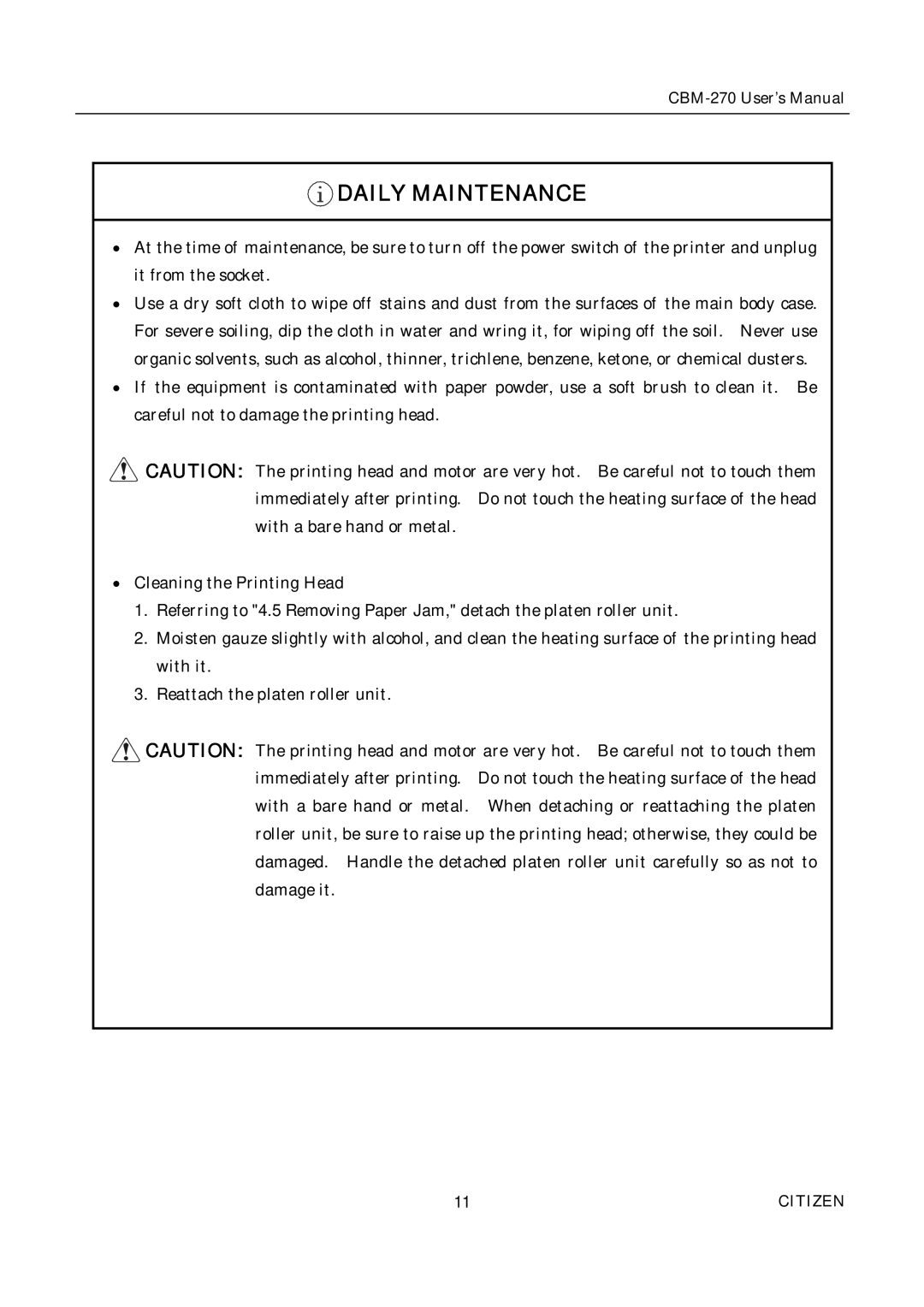 Citizen CBM-270 user manual Daily Maintenance 