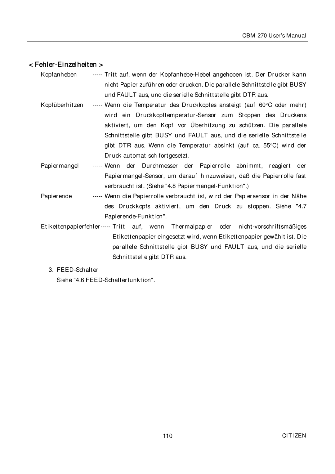 Citizen CBM-270 user manual Fehler-Einzelheiten 