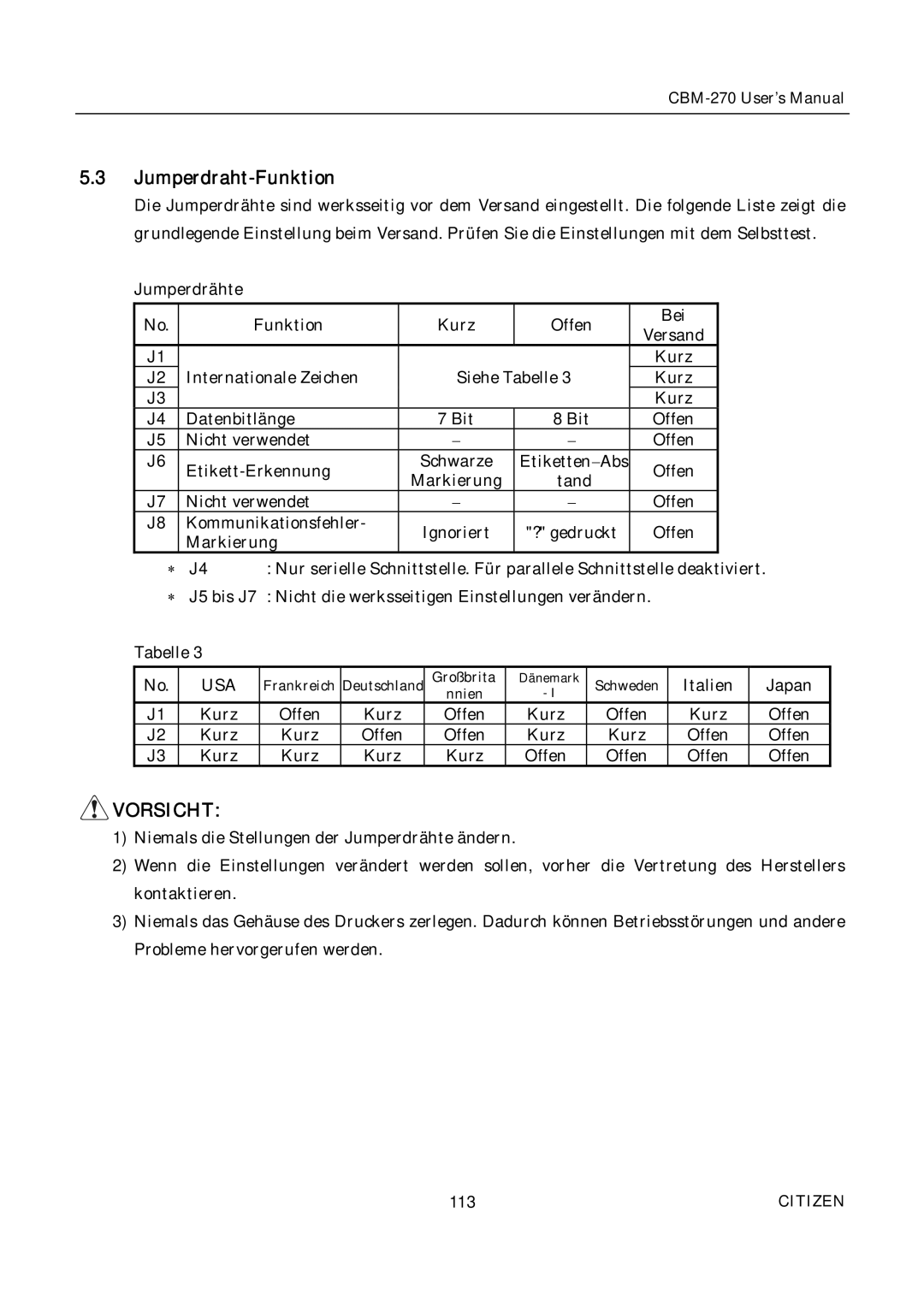 Citizen CBM-270 user manual Jumperdraht-Funktion, Usa 