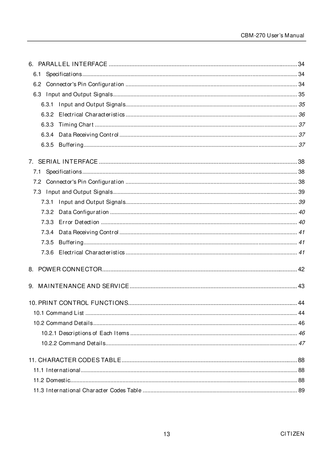 Citizen CBM-270 user manual Parallel Interface, Maintenance and Service Print Control Functions 