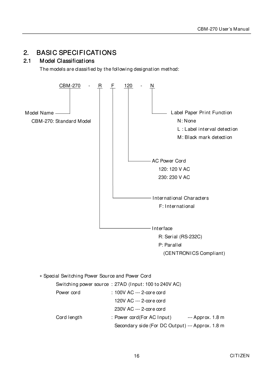 Citizen CBM-270 user manual Basic Specifications, Model Classifications 