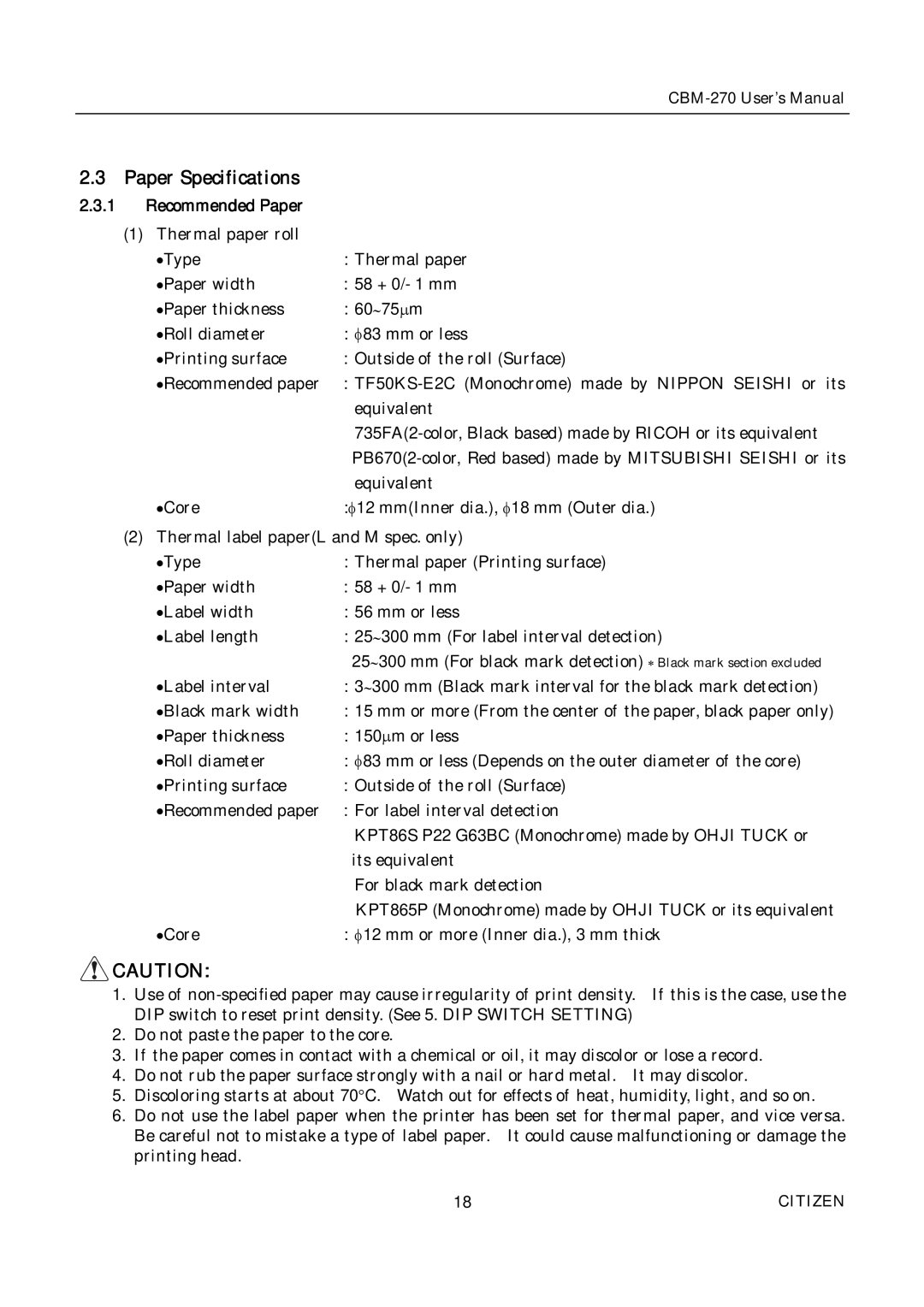 Citizen CBM-270 user manual Paper Specifications, Recommended Paper 