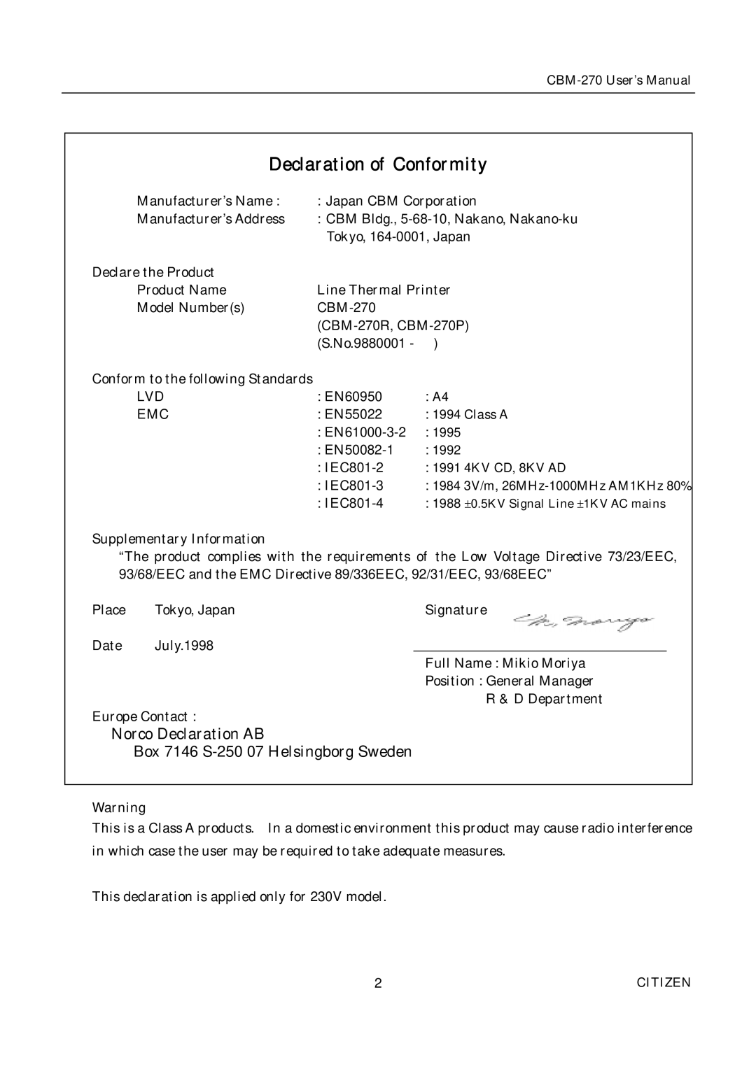 Citizen CBM-270 user manual Lvd, Emc 