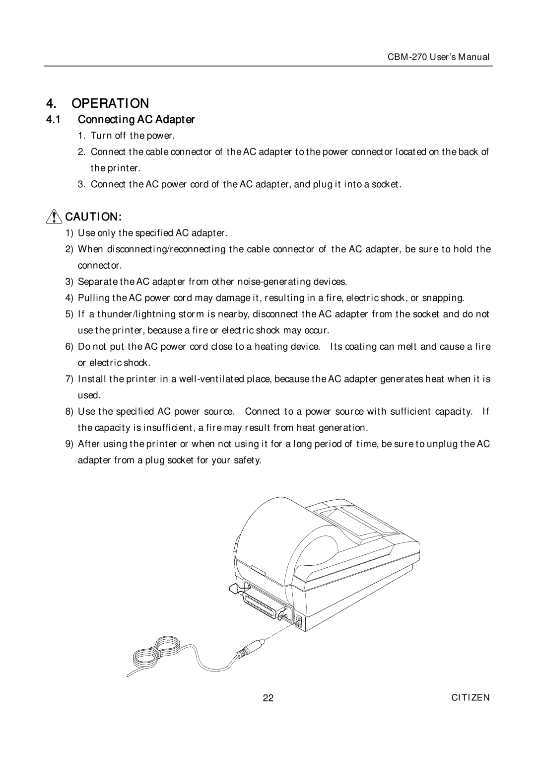 Citizen CBM-270 user manual Operation, Connecting AC Adapter 