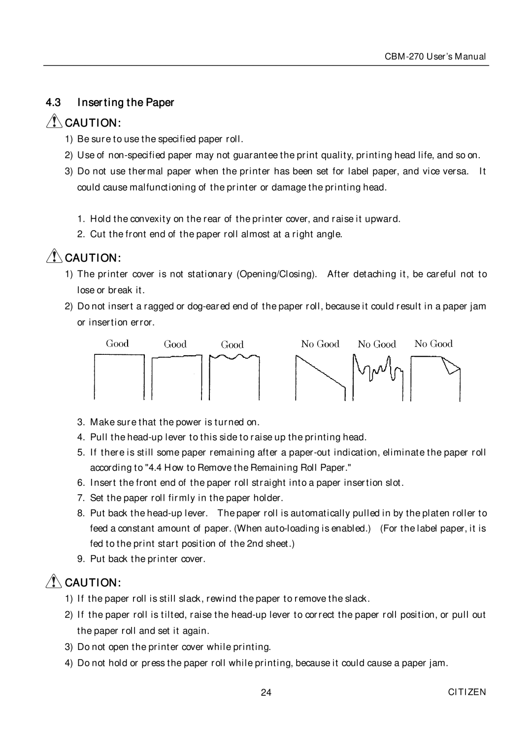 Citizen CBM-270 user manual Inserting the Paper 