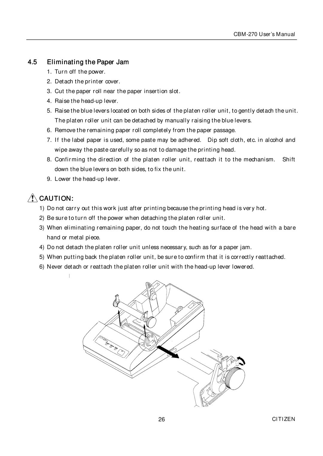 Citizen CBM-270 user manual Eliminating the Paper Jam 