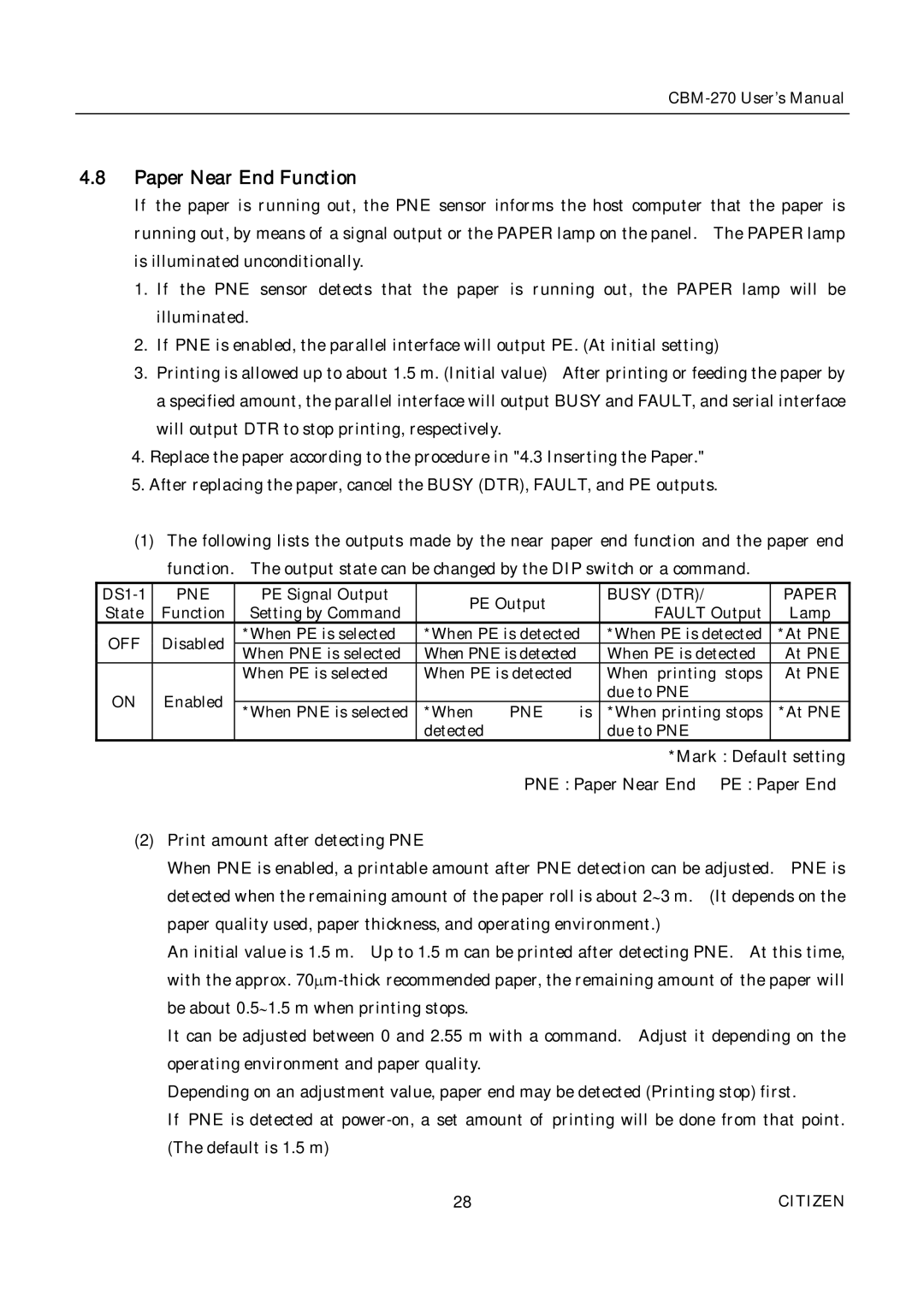 Citizen CBM-270 user manual Paper Near End Function, Off 