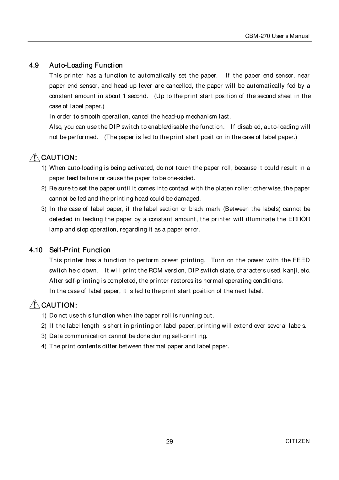 Citizen CBM-270 user manual Auto-Loading Function, Self-Print Function 