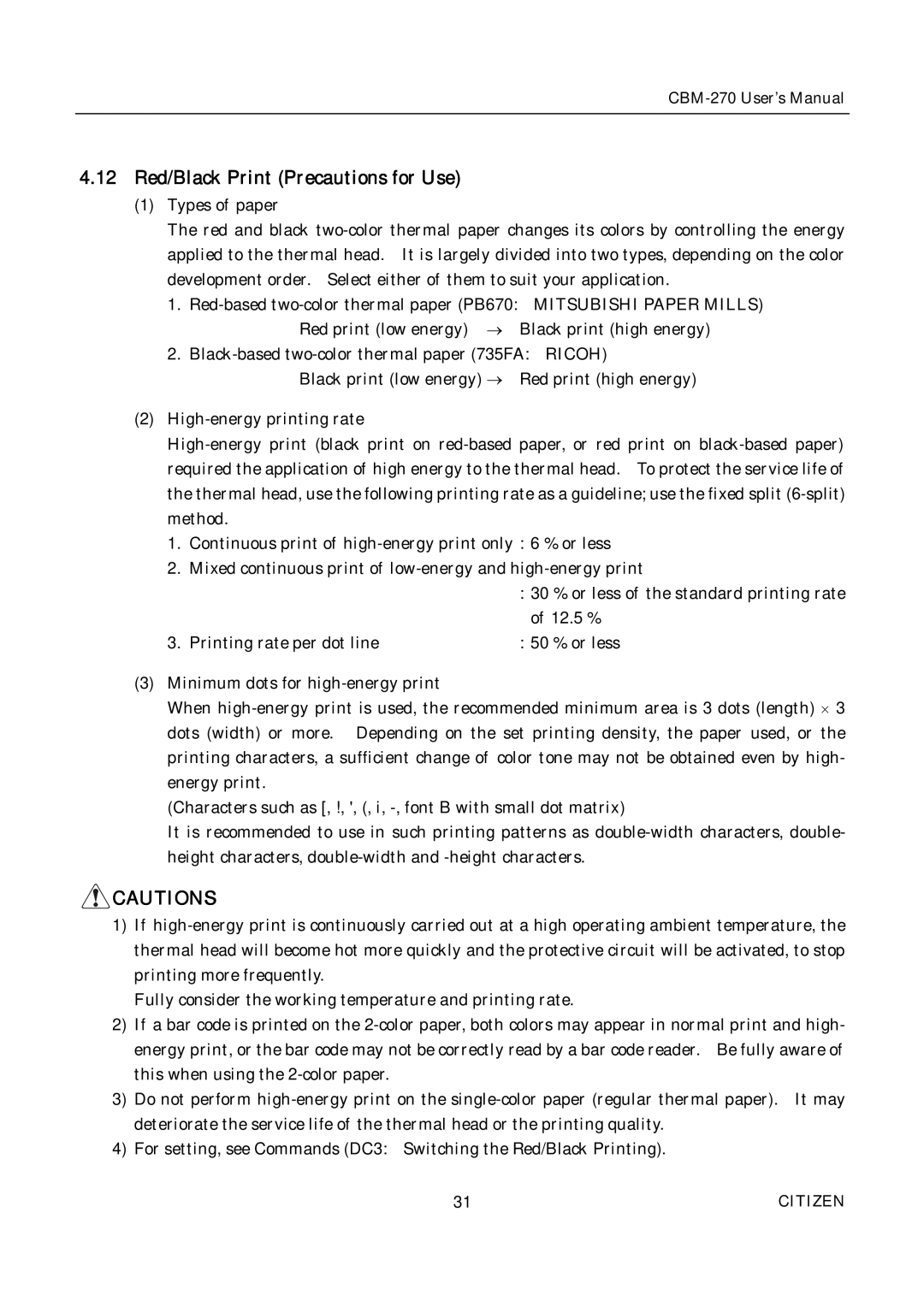 Citizen CBM-270 user manual 12 Red/Black Print Precautions for Use, Mitsubishi Paper Mills 