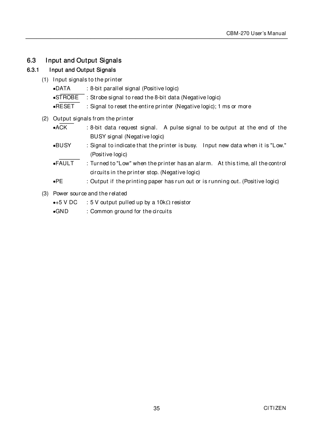 Citizen CBM-270 user manual Input and Output Signals 