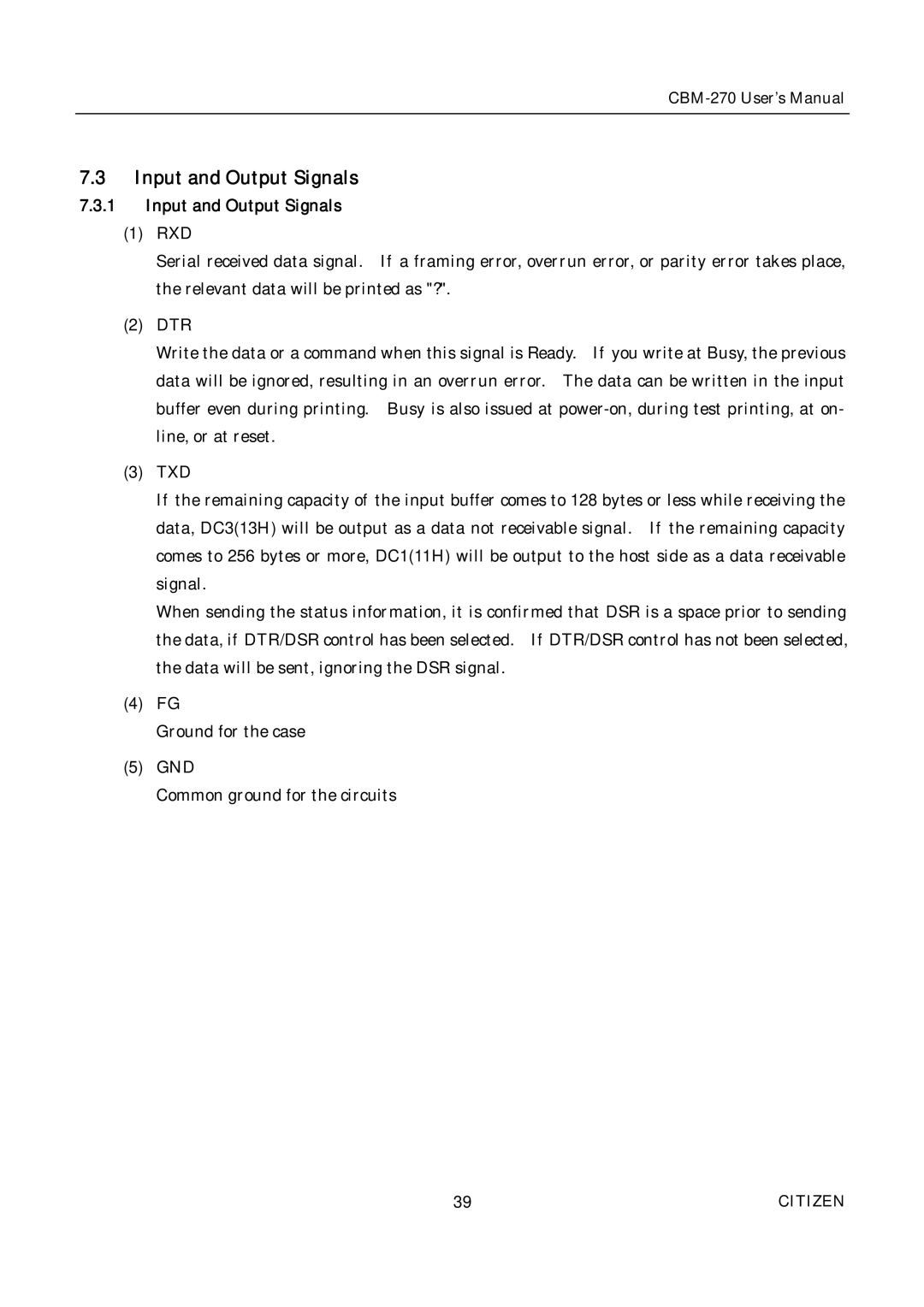 Citizen CBM-270 user manual Input and Output Signals 