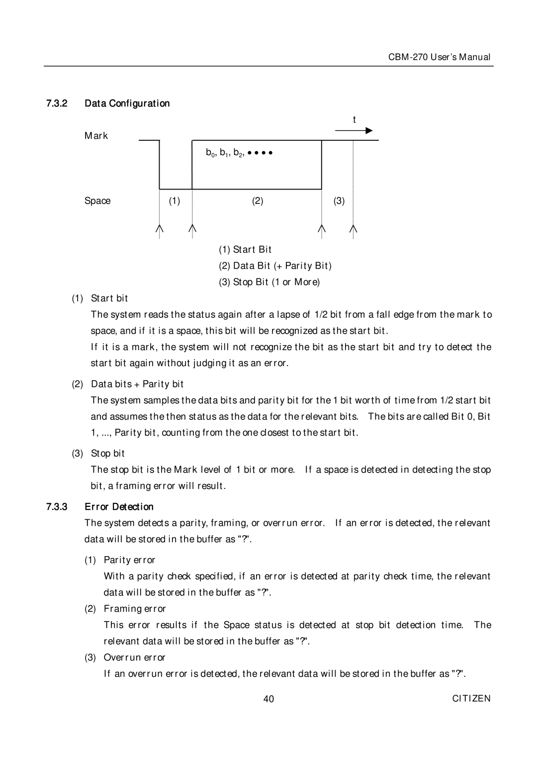 Citizen CBM-270 user manual Data Configuration, Error Detection 