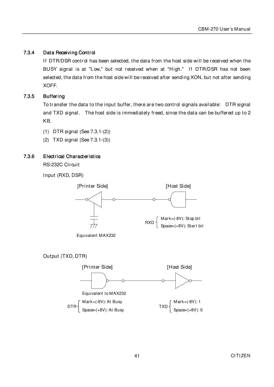 Citizen CBM-270 user manual Input RXD, DSR Printer Side Host Side 