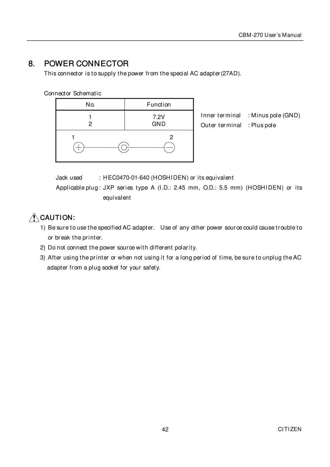 Citizen CBM-270 user manual Power Connector, Gnd 