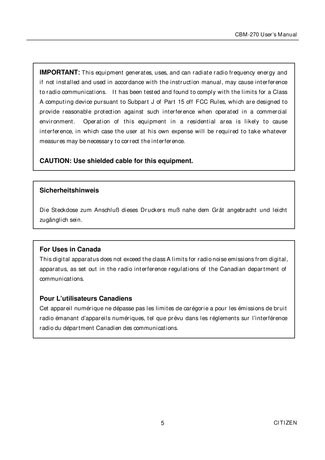 Citizen CBM-270 user manual Sicherheitshinweis 