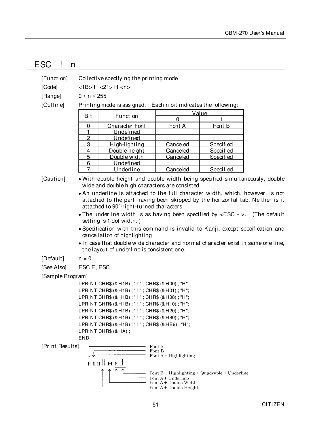 Citizen CBM-270 user manual Esc E, Esc 