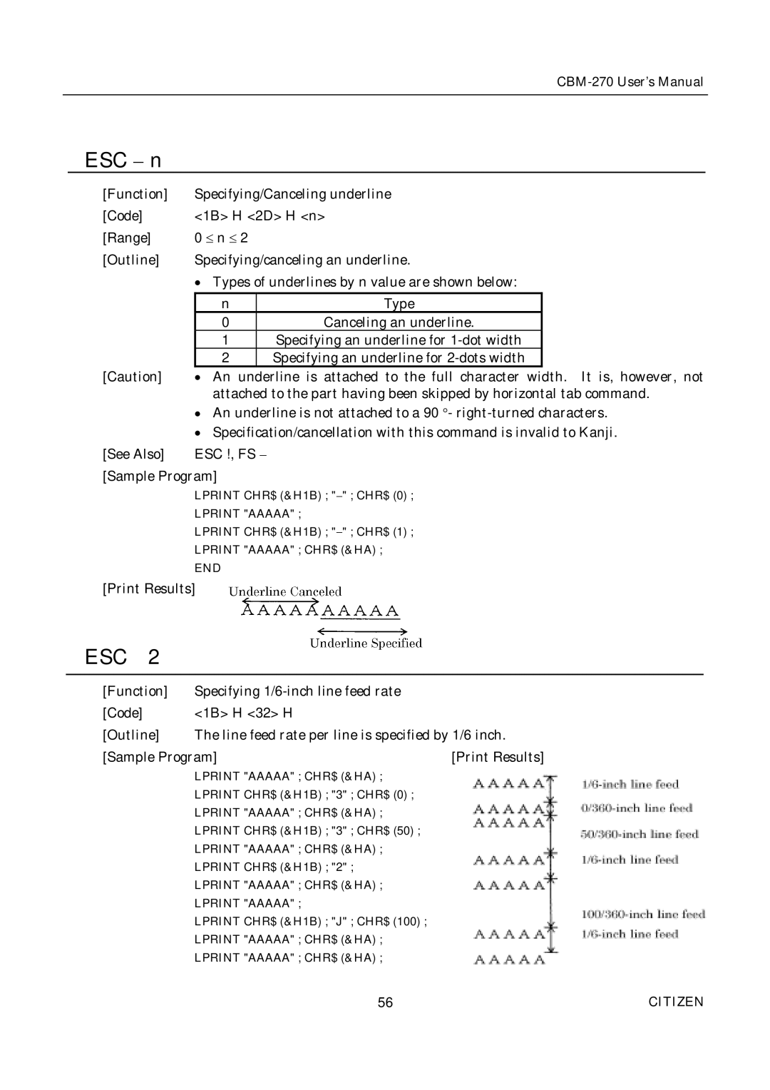 Citizen CBM-270 user manual ESC n, Esc 