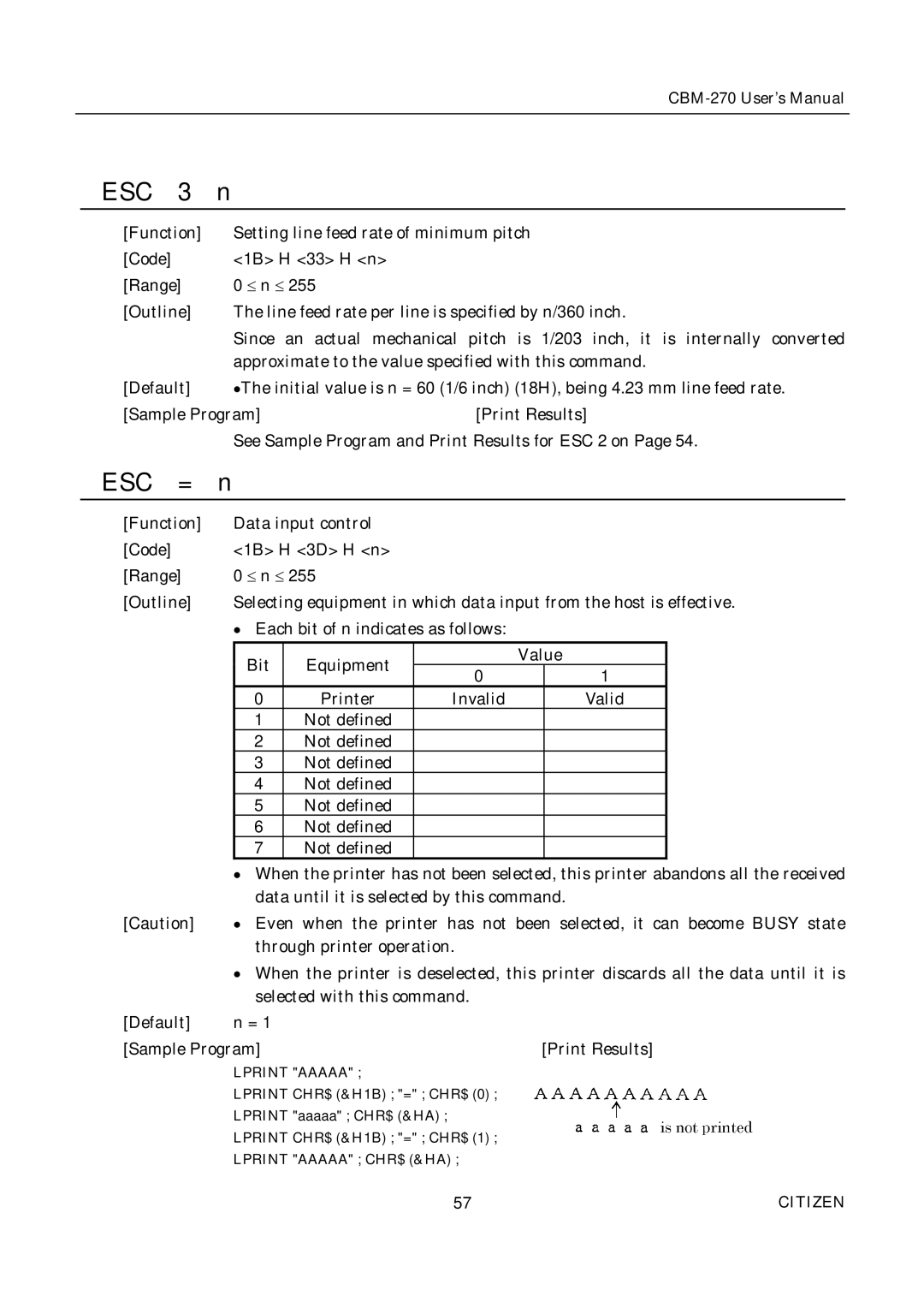 Citizen CBM-270 user manual Esc = 