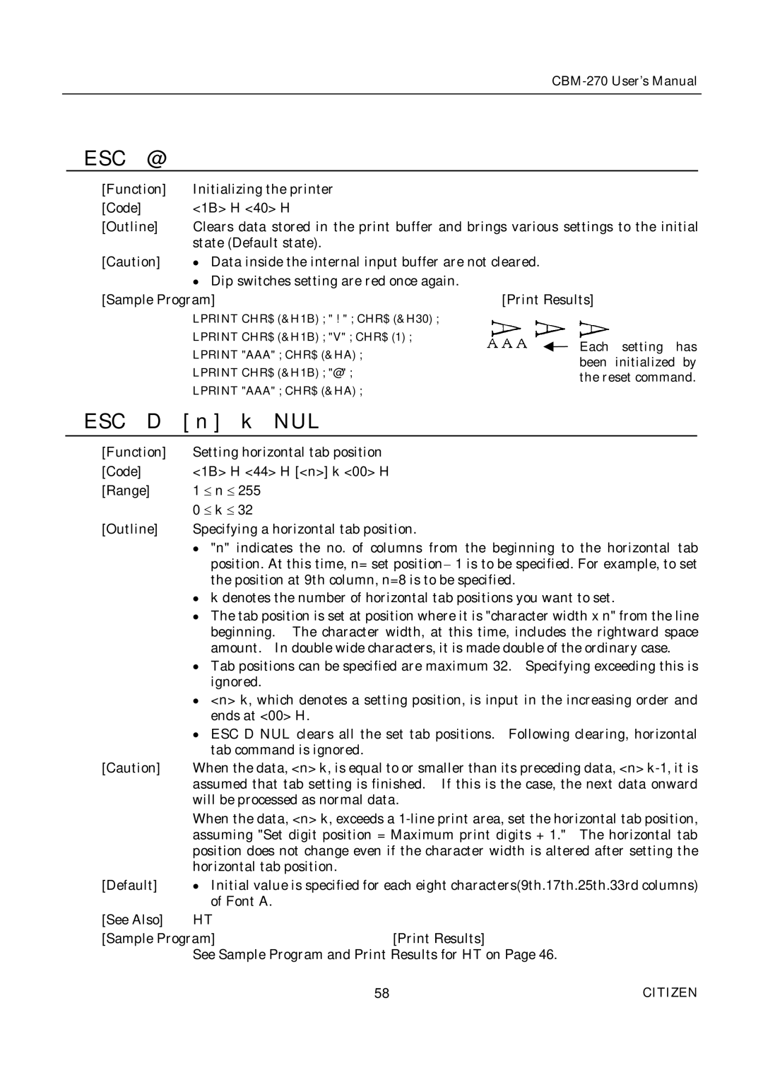 Citizen CBM-270 user manual Esc @, ESC D n k NUL 