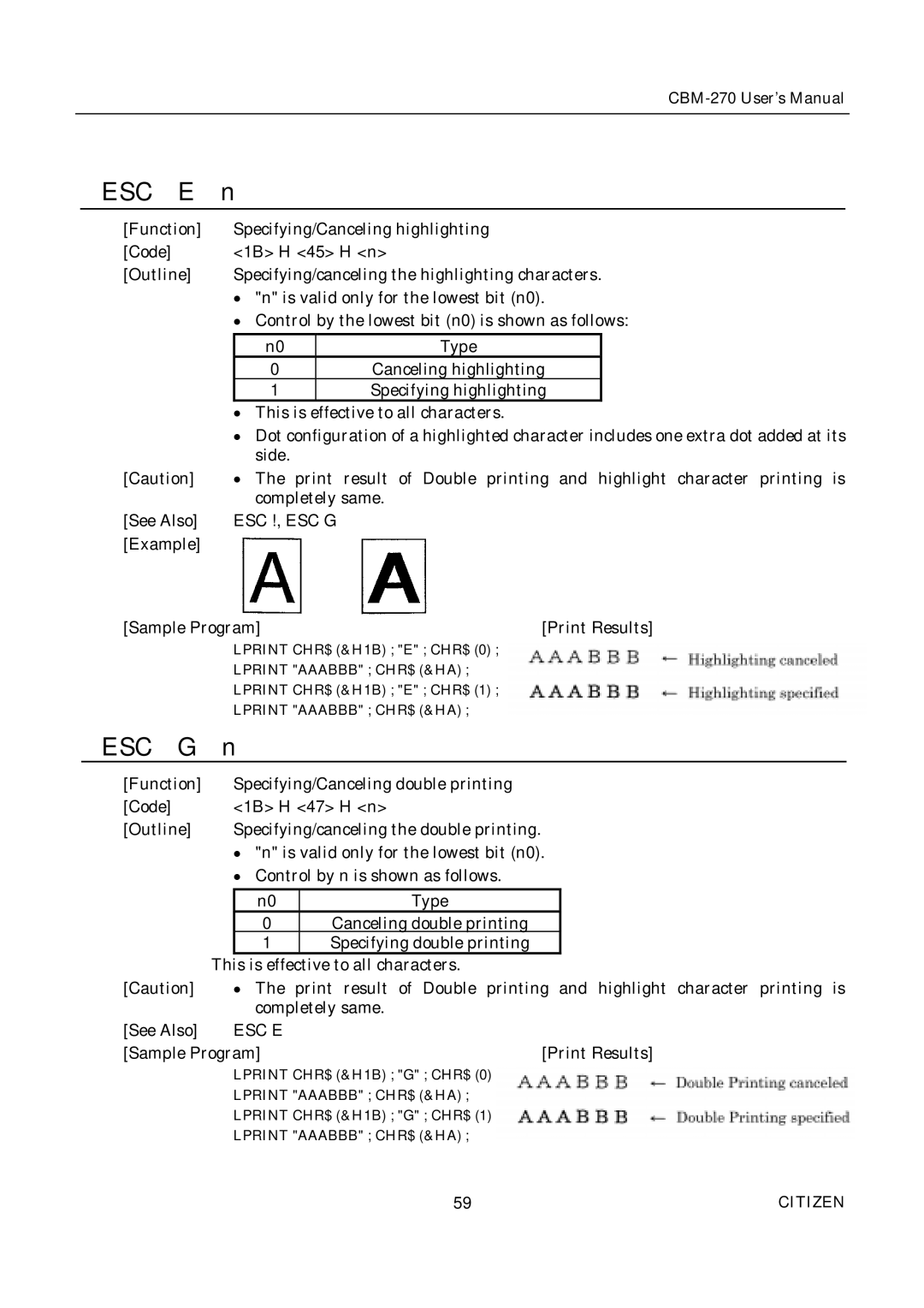 Citizen CBM-270 user manual Esc E, Esc !, Esc G 