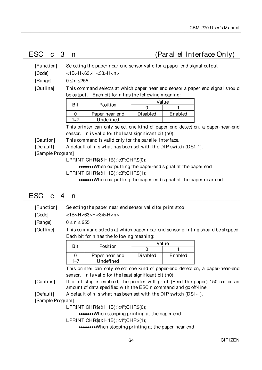 Citizen CBM-270 user manual ESC c Parallel Interface Only 