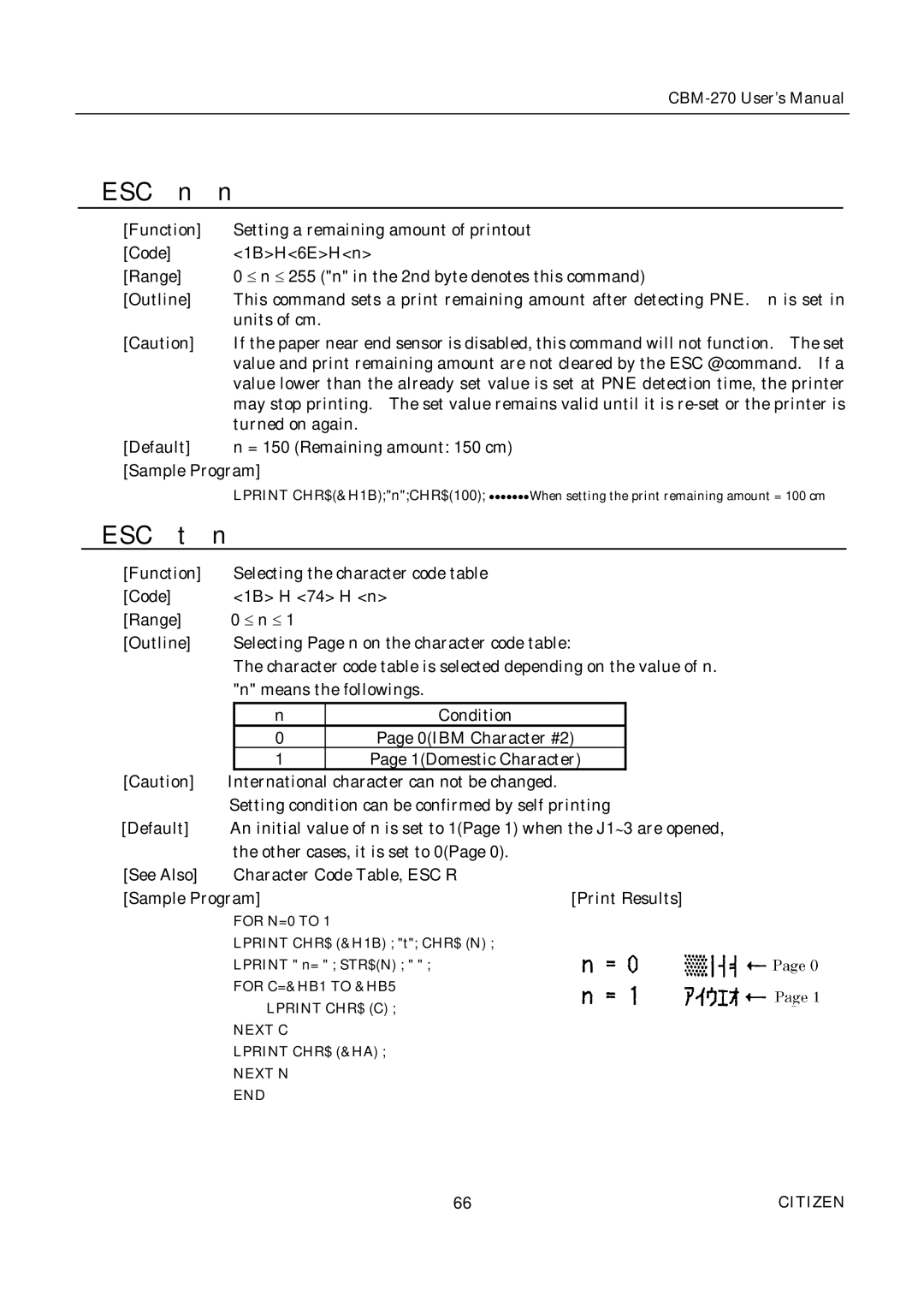 Citizen CBM-270 user manual ESC n, ESC t 