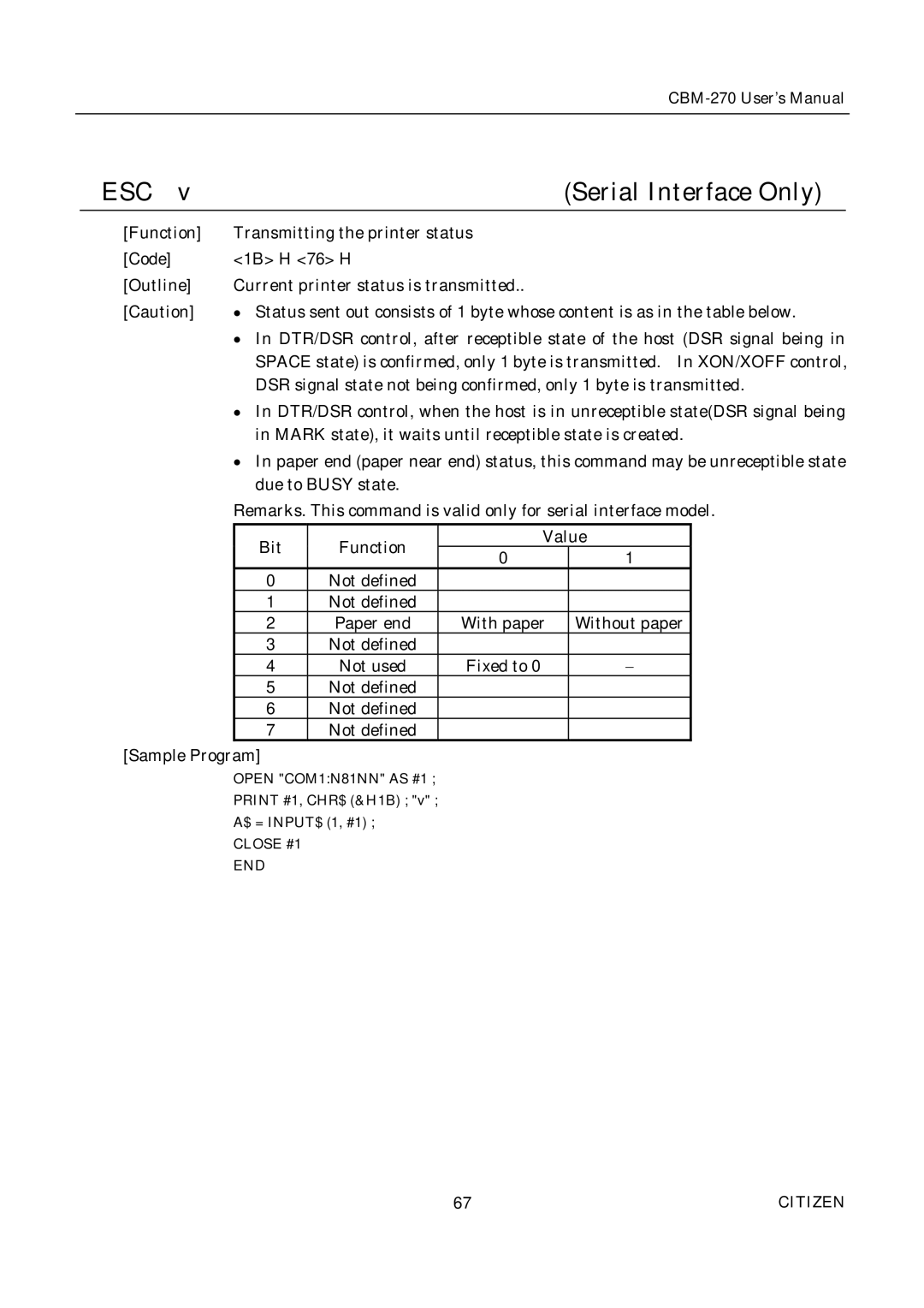 Citizen CBM-270 user manual ESC Serial Interface Only 