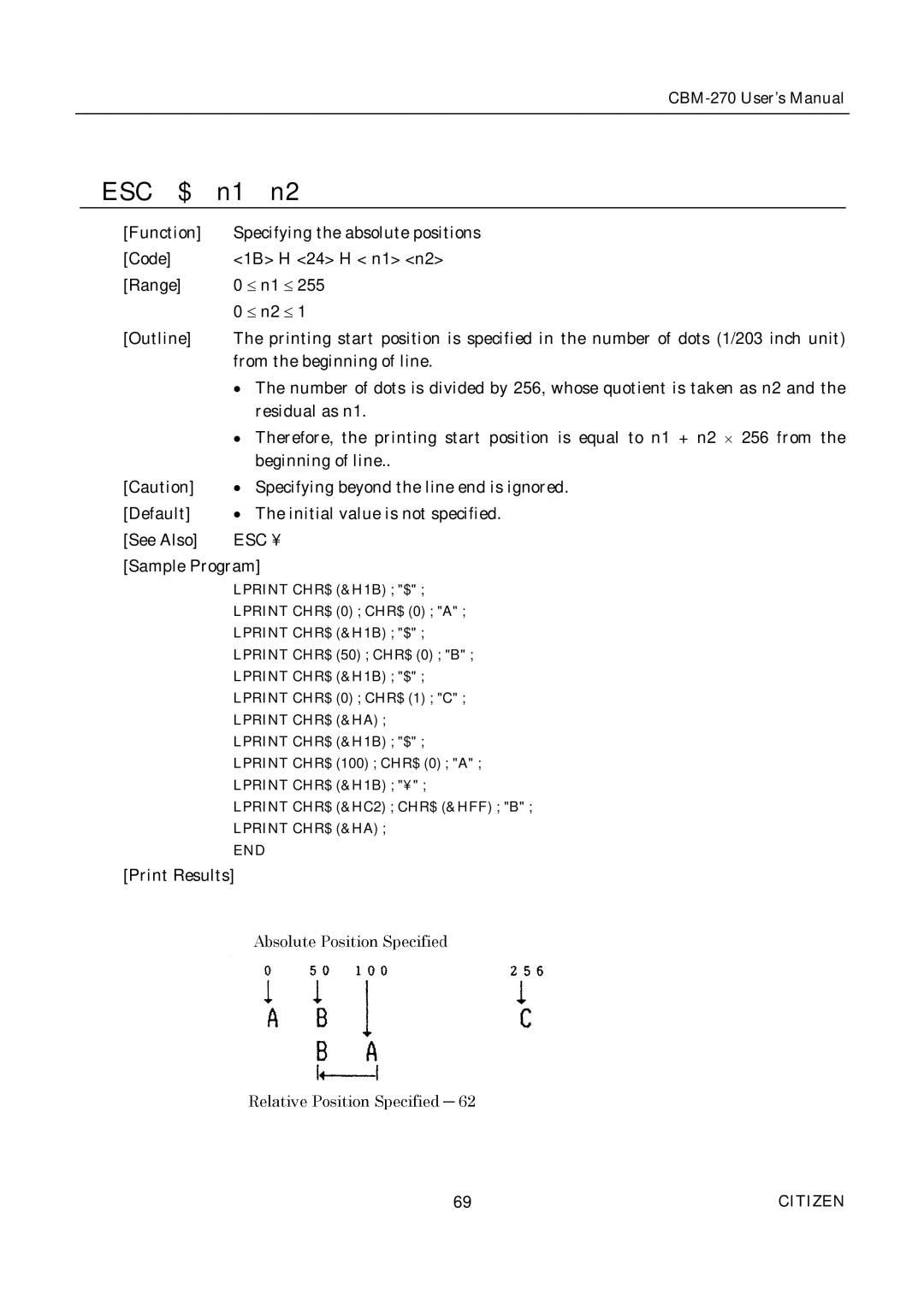 Citizen CBM-270 user manual Esc $, Esc ¥ 