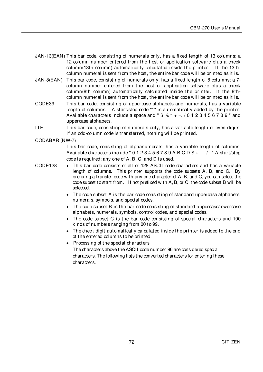 Citizen CBM-270 user manual JAN-8EAN, CODE39, CODE128 