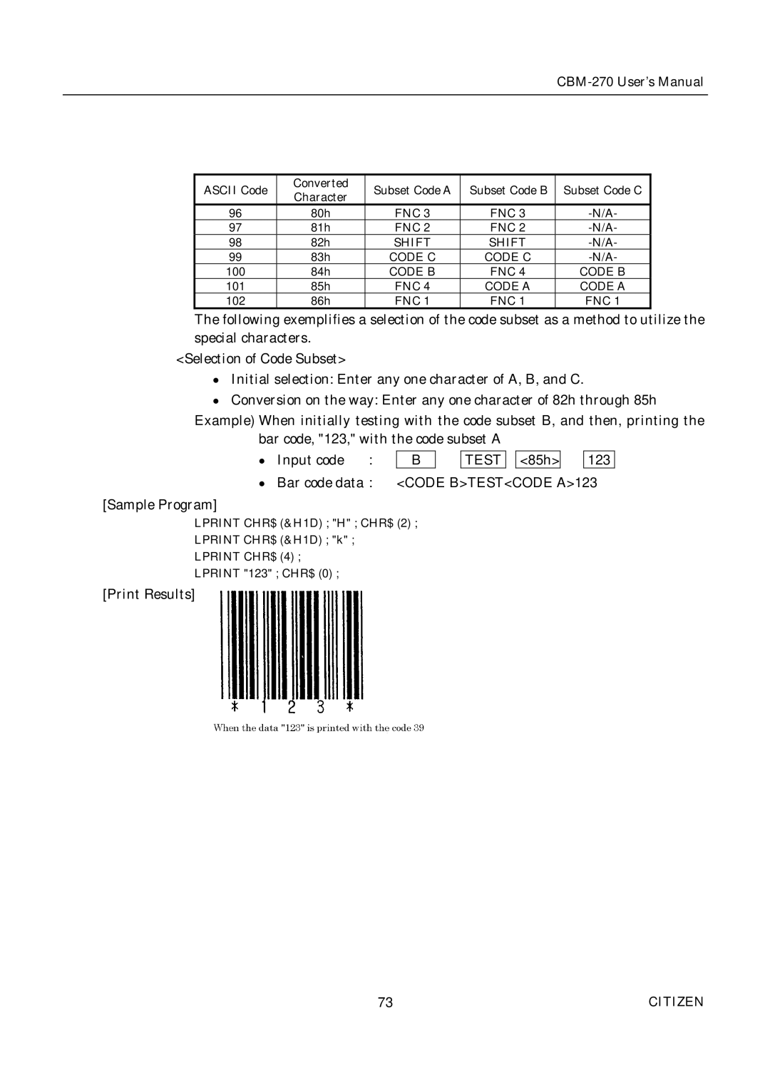 Citizen CBM-270 user manual Test, Code Btestcode A123 