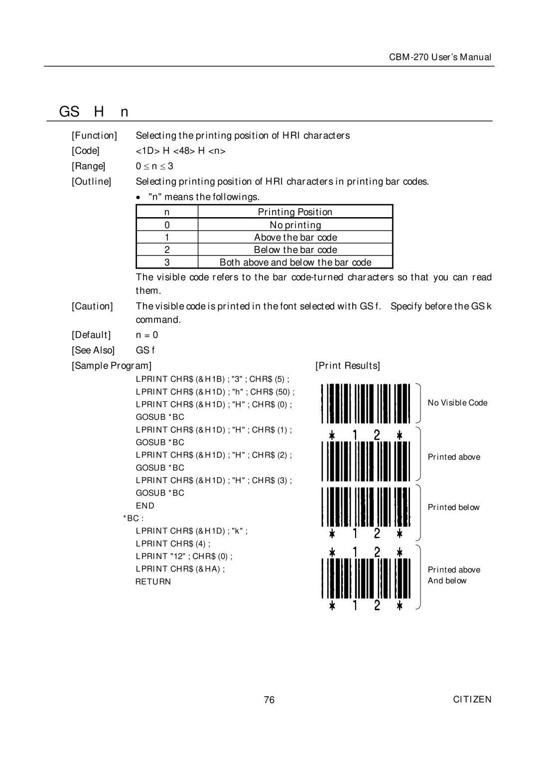 Citizen CBM-270 user manual Gs H 