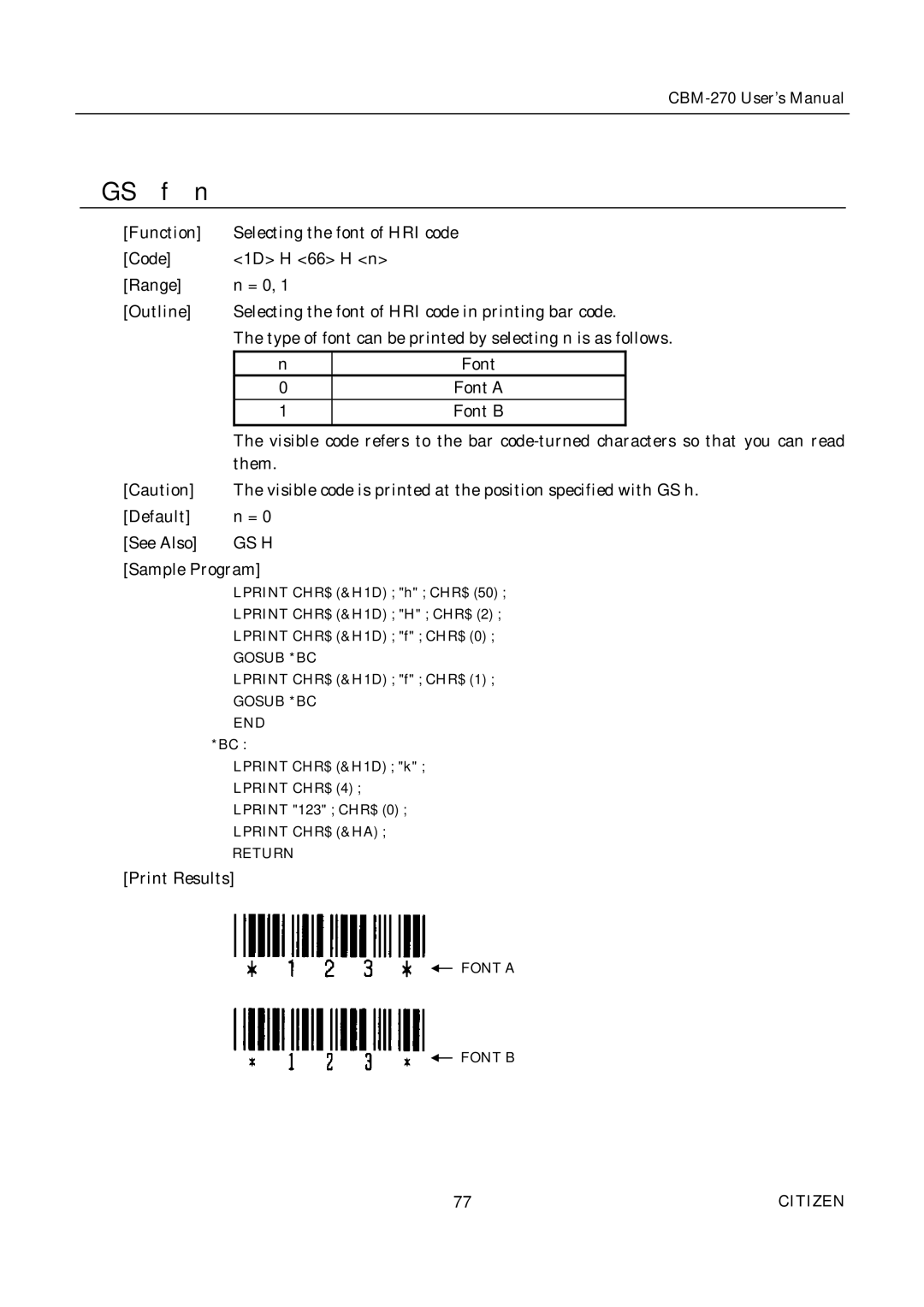 Citizen CBM-270 user manual GS f n, Gs H 