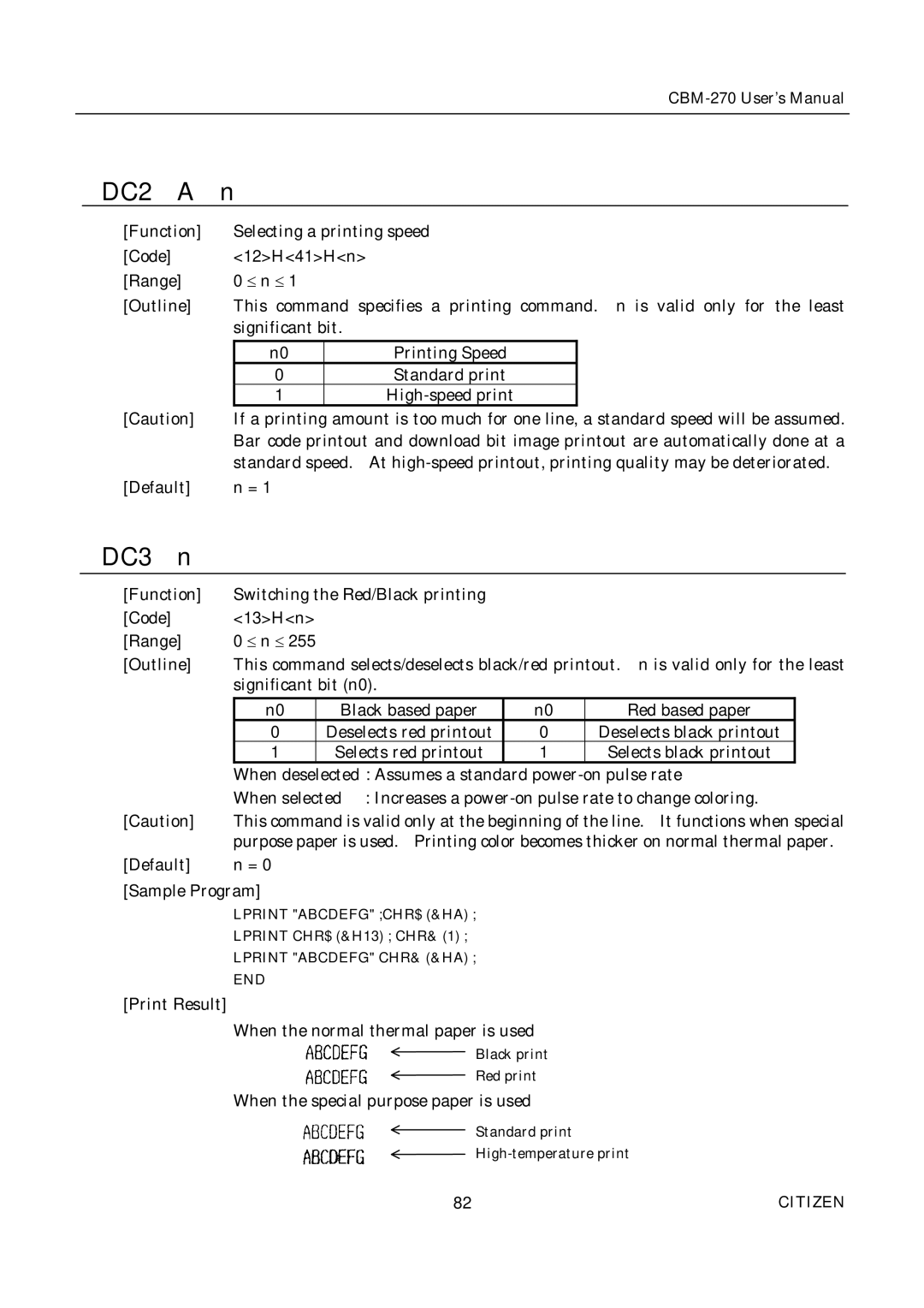 Citizen CBM-270 user manual DC2 a, DC3 n 