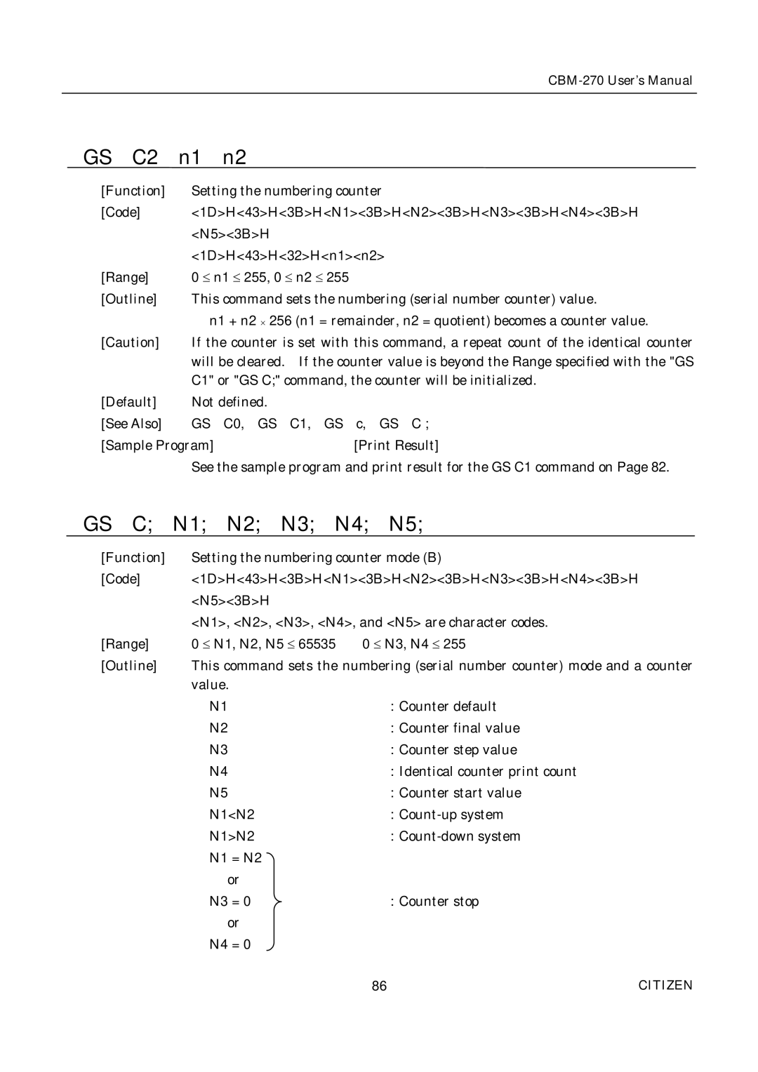 Citizen CBM-270 user manual GS C2, GS C N1 N2 N3 N4 N5 