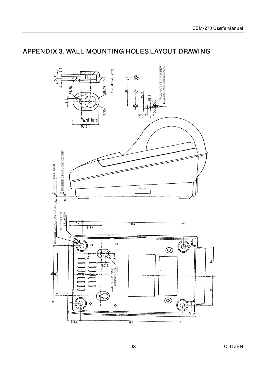 Citizen CBM-270 user manual Appendix 3. Wall Mounting Holes Layout Drawing 