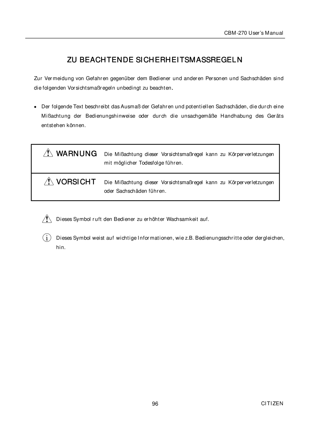 Citizen CBM-270 user manual ZU Beachtende Sicherheitsmassregeln 