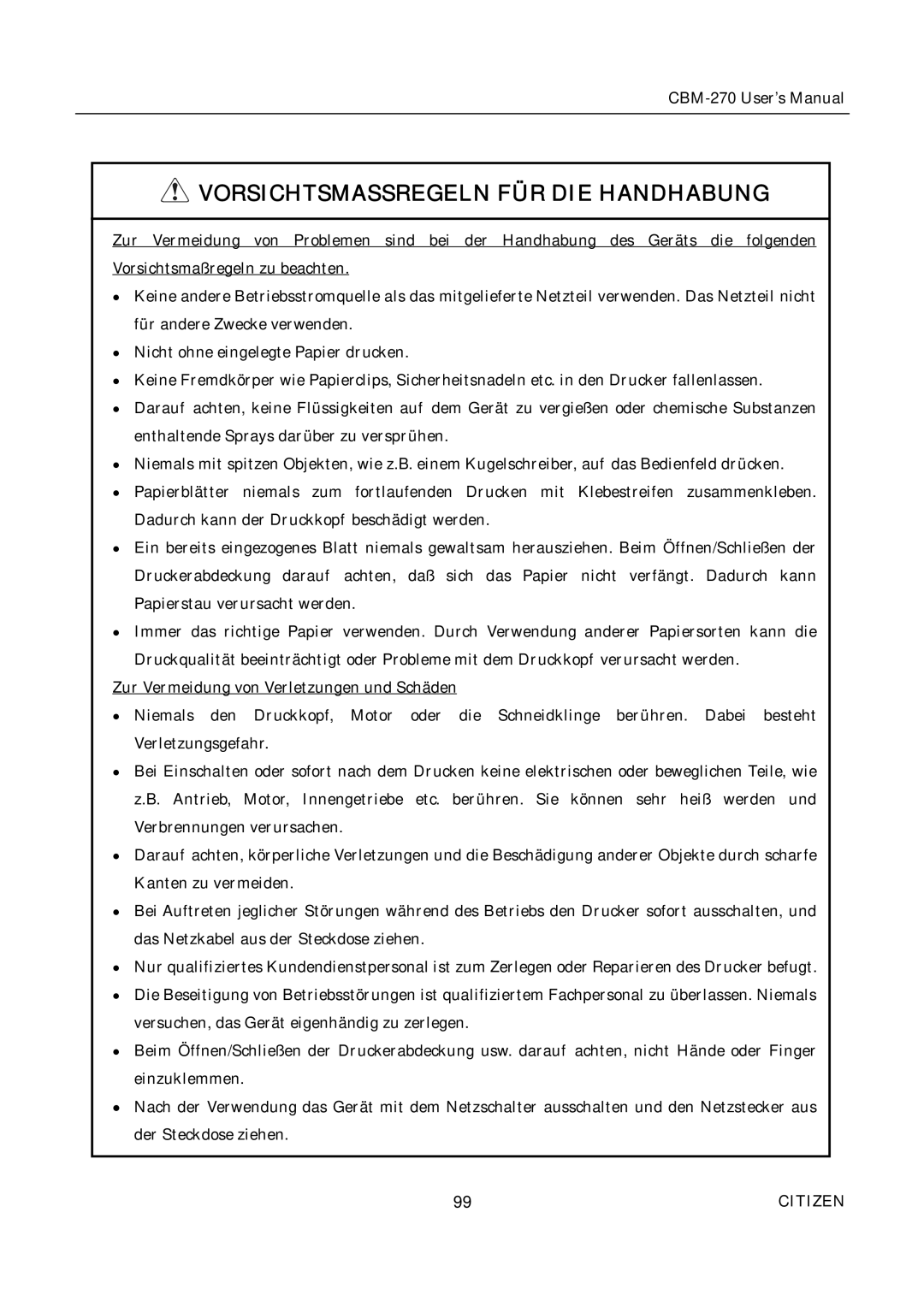 Citizen CBM-270 user manual Vorsichtsmassregeln FÜR DIE Handhabung 