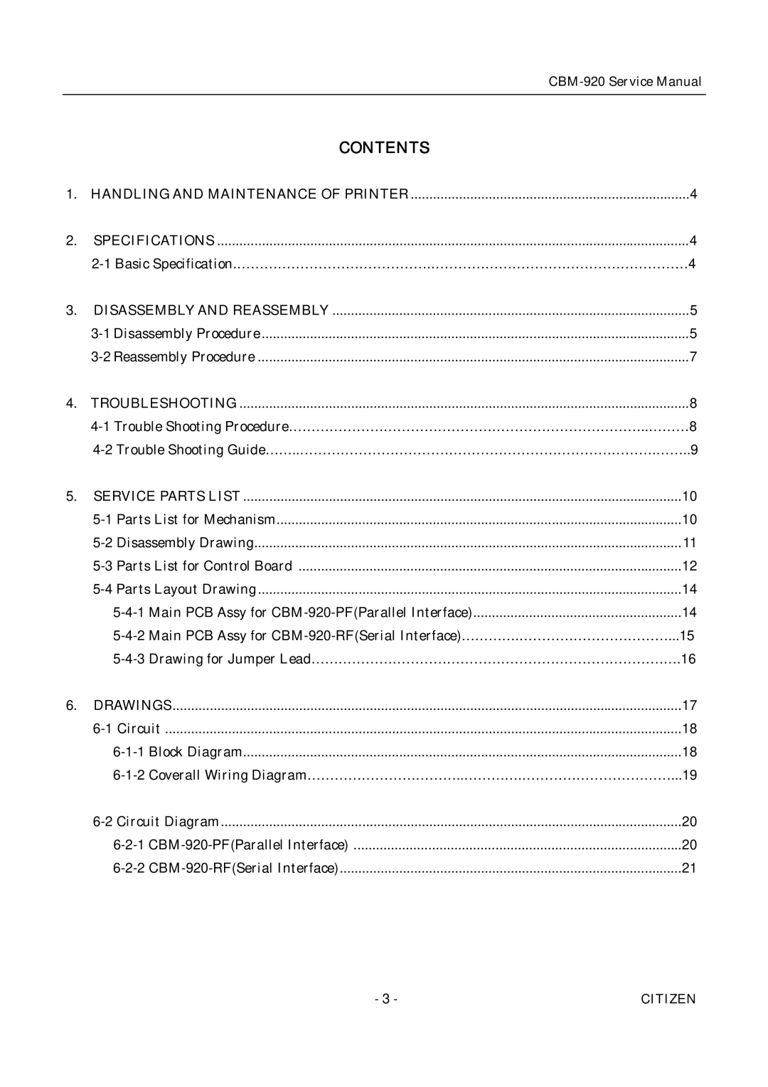 Citizen CBM-920 service manual Contents 