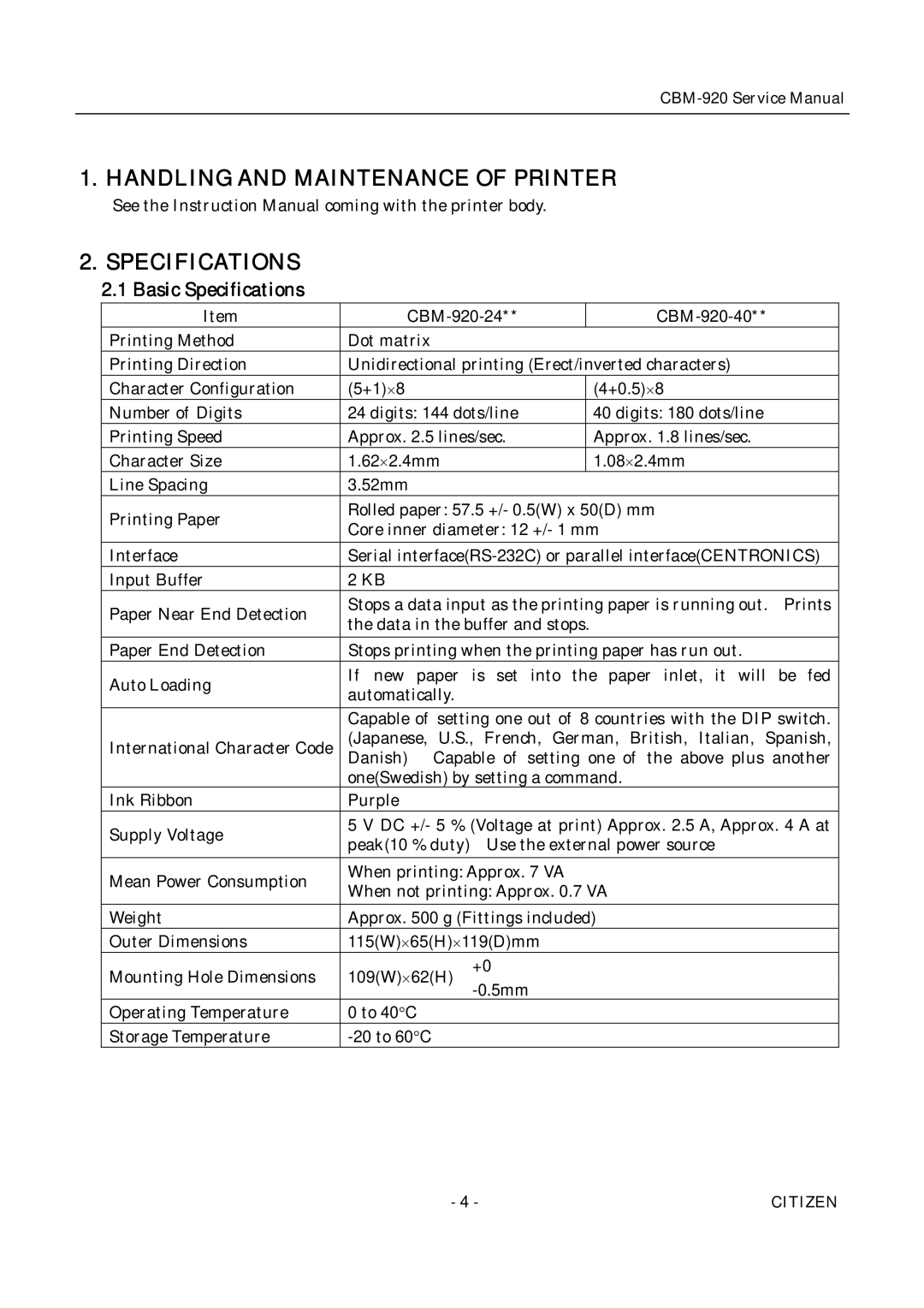 Citizen CBM-920 service manual Handling and Maintenance of Printer Specifications, Basic Specifications 