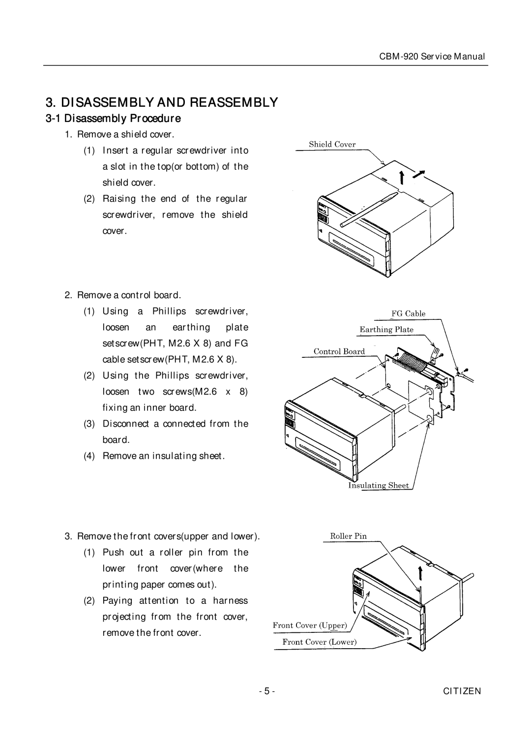 Citizen CBM-920 service manual Disassembly and Reassembly, Disassembly Procedure 