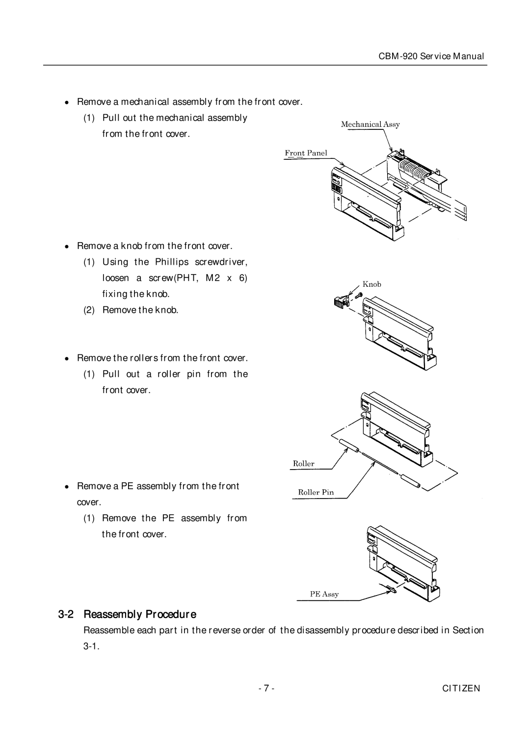 Citizen CBM-920 service manual Reassembly Procedure 