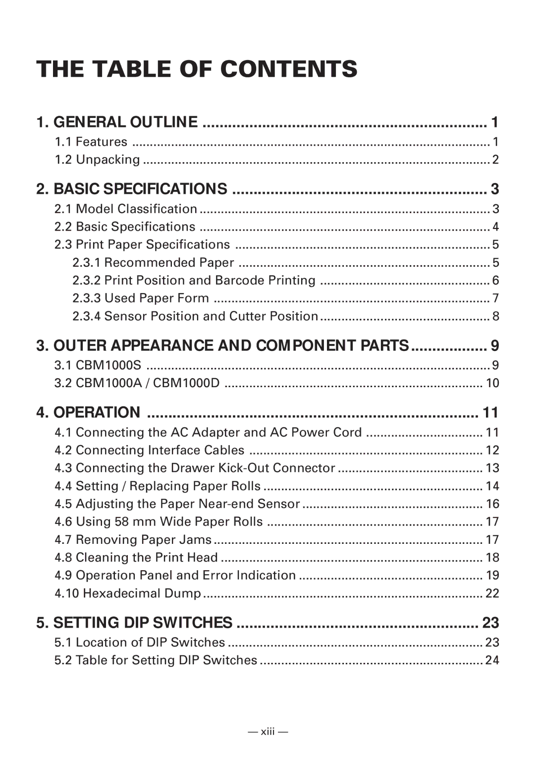 Citizen CBM1000 manual Table of Contents 