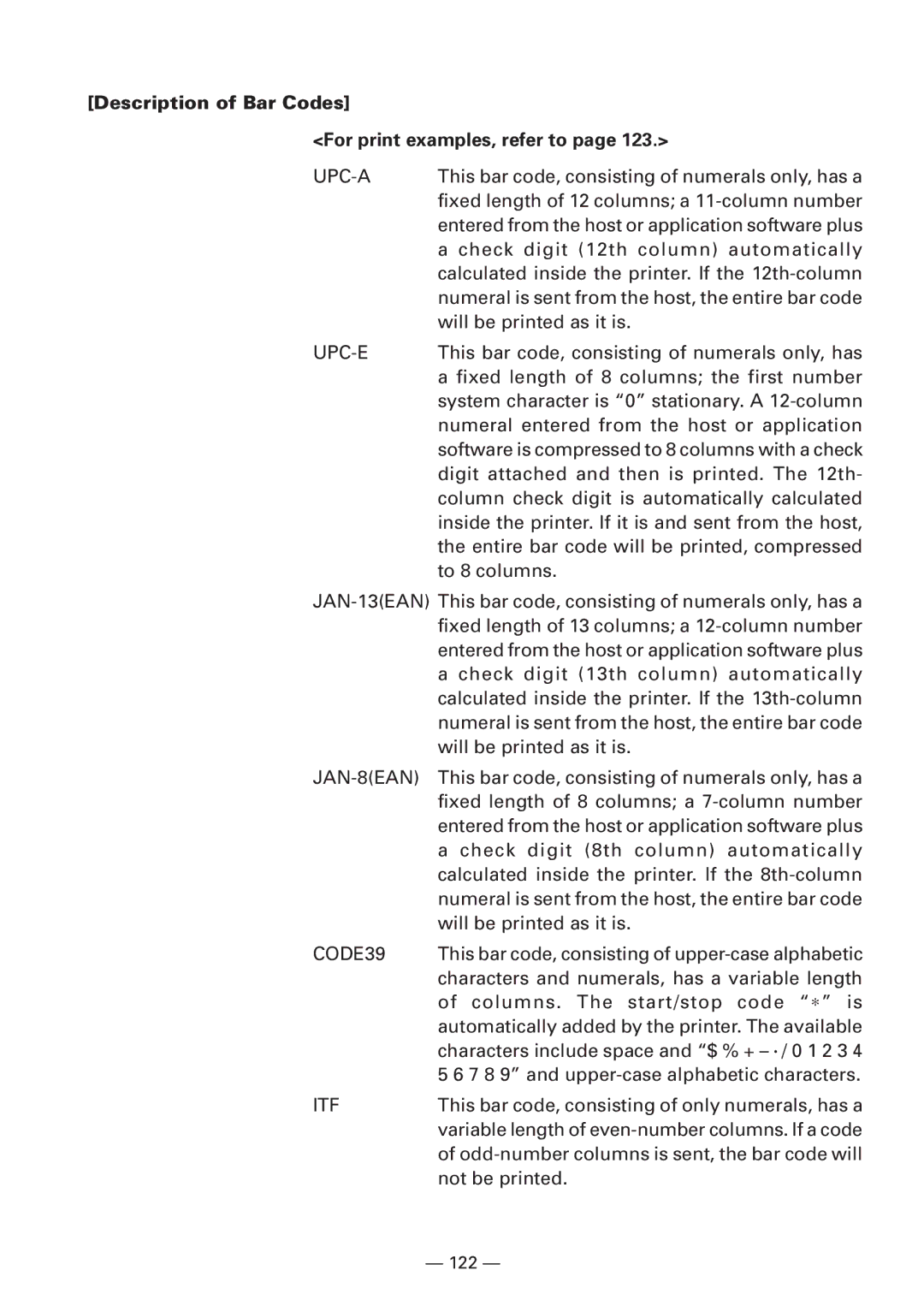 Citizen CBM1000 manual Description of Bar Codes For print examples, refer to, Upc-A 