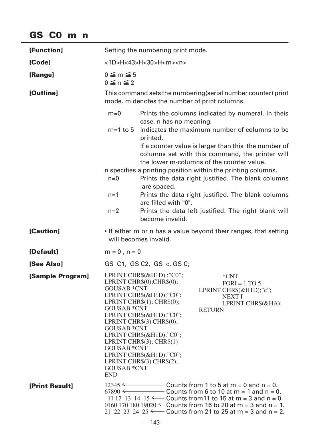 Citizen CBM1000 manual GS C0 m n, Default See Also Sample Program 