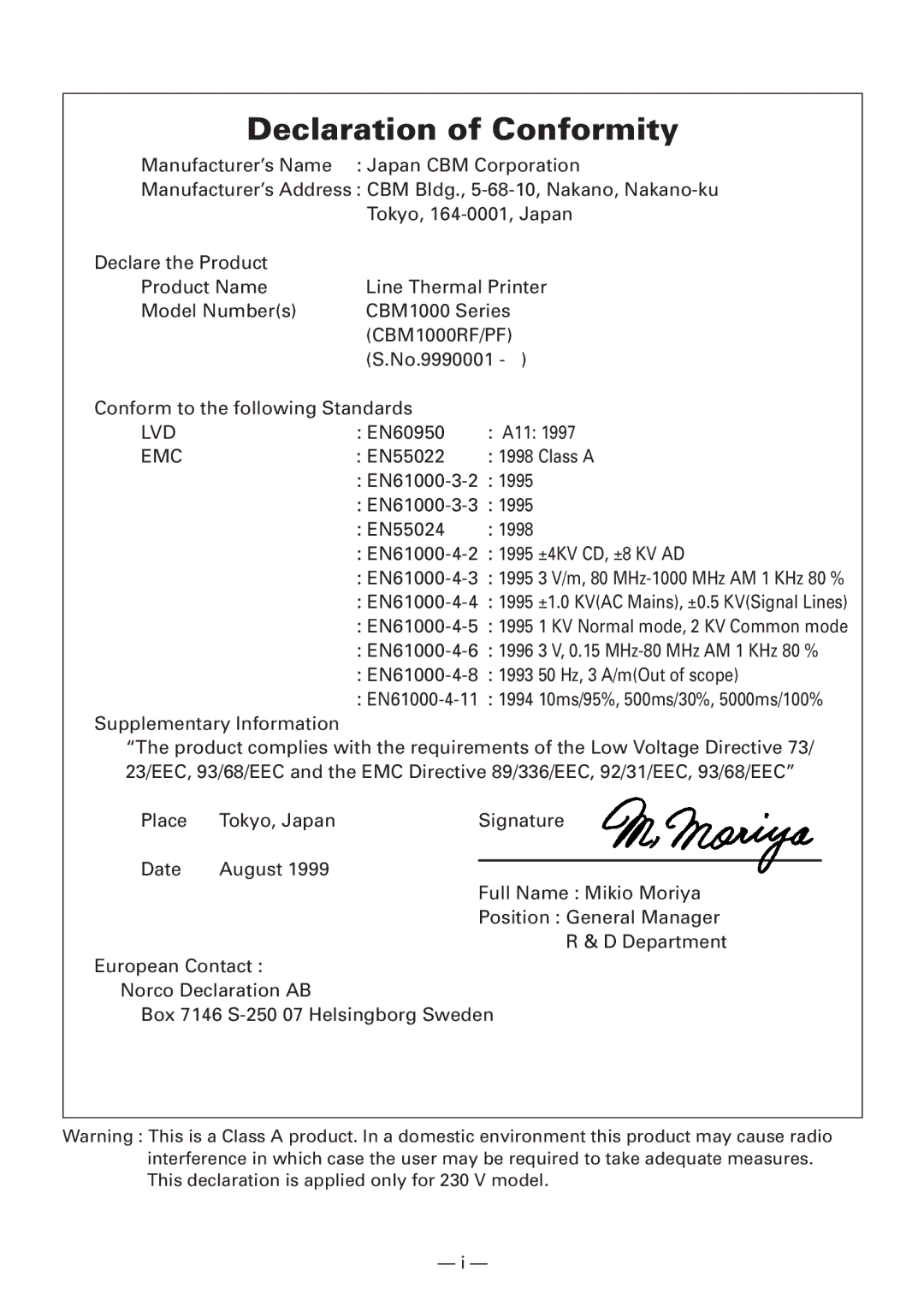 Citizen CBM1000 manual Declaration of Conformity 