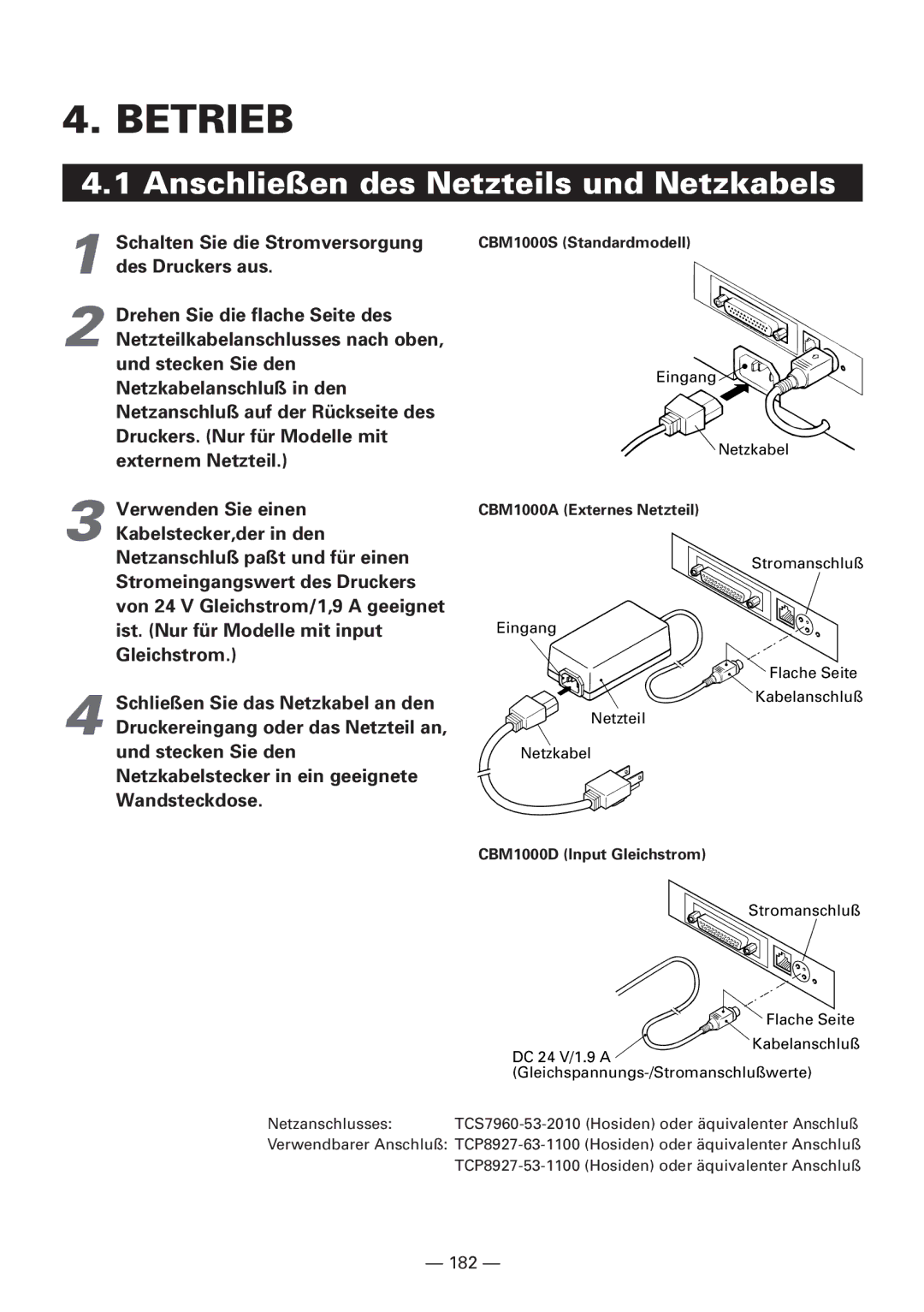 Citizen CBM1000 manual Betrieb, Anschließen des Netzteils und Netzkabels 