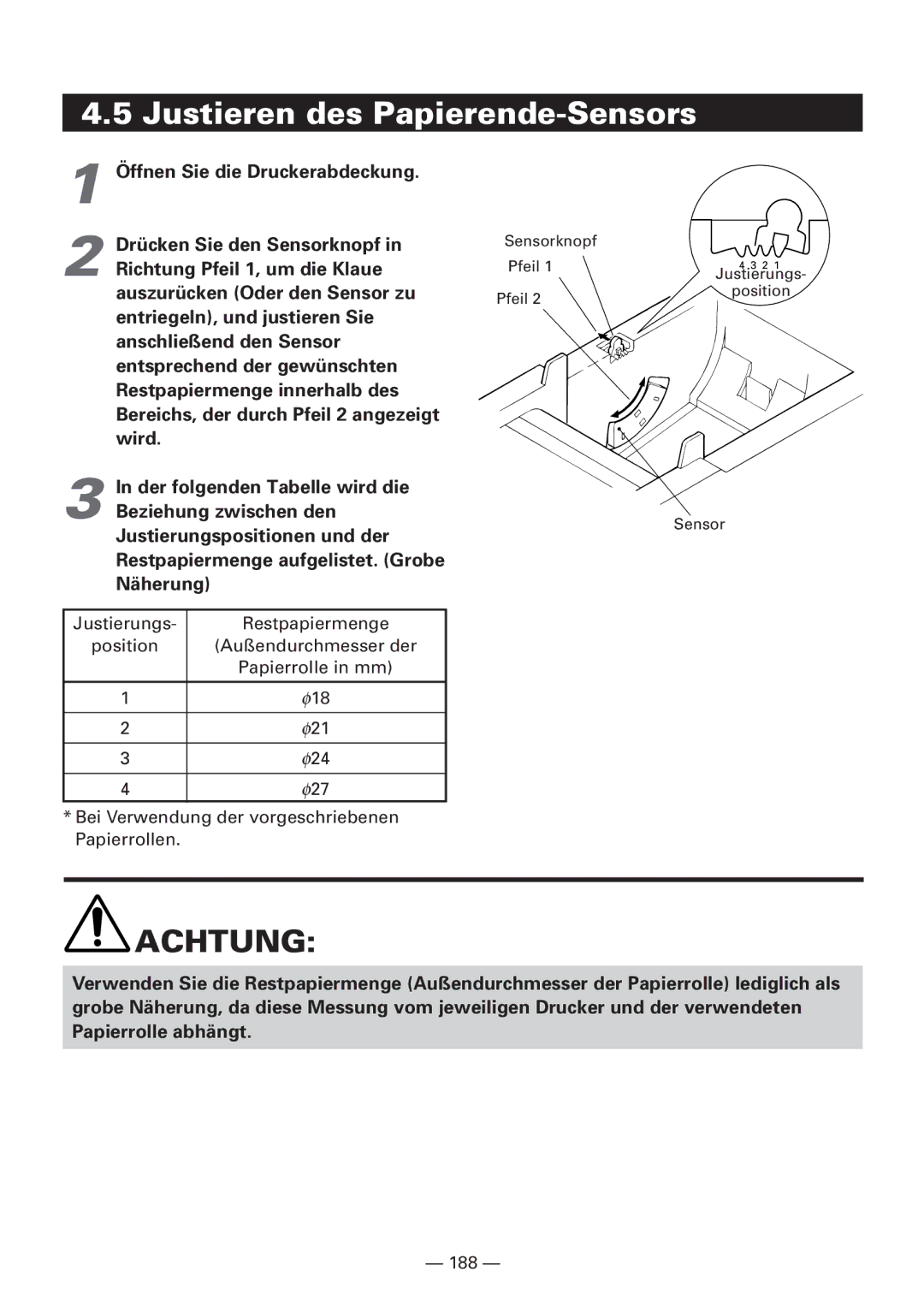 Citizen CBM1000 manual Justieren des Papierende-Sensors 