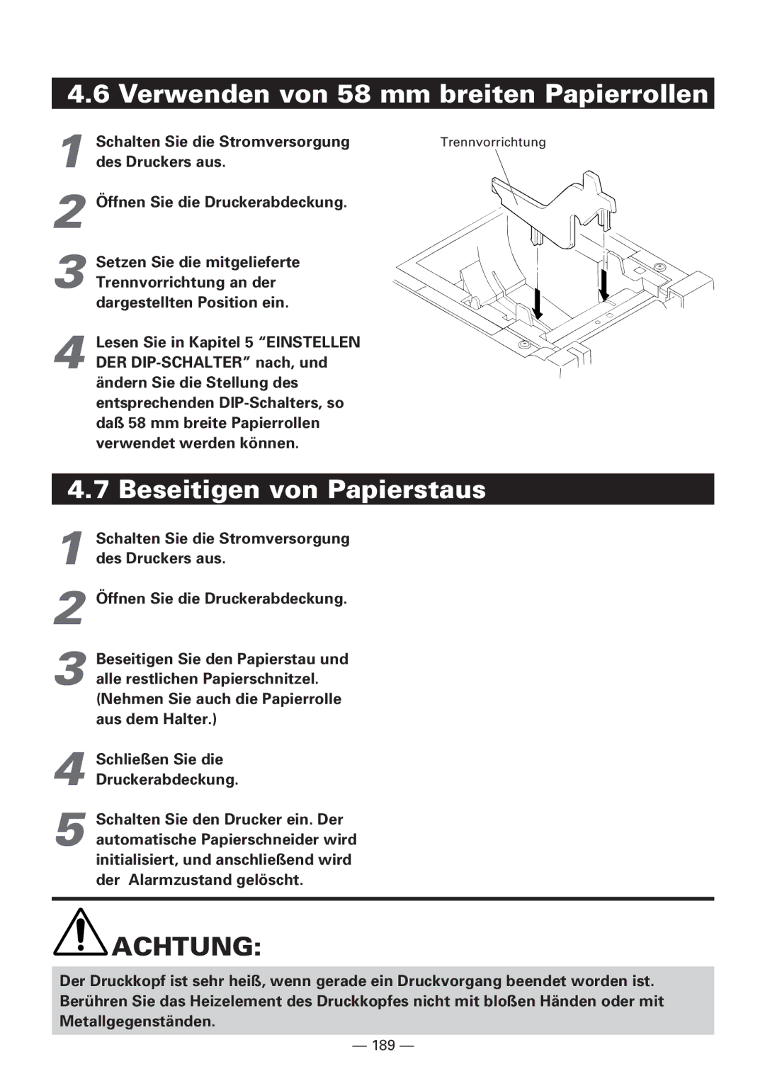 Citizen CBM1000 manual Verwenden von 58 mm breiten Papierrollen, Beseitigen von Papierstaus 