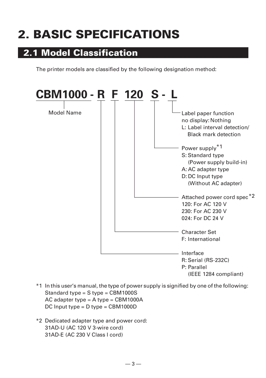 Citizen CBM1000 manual Basic Specifications, Model Classification 